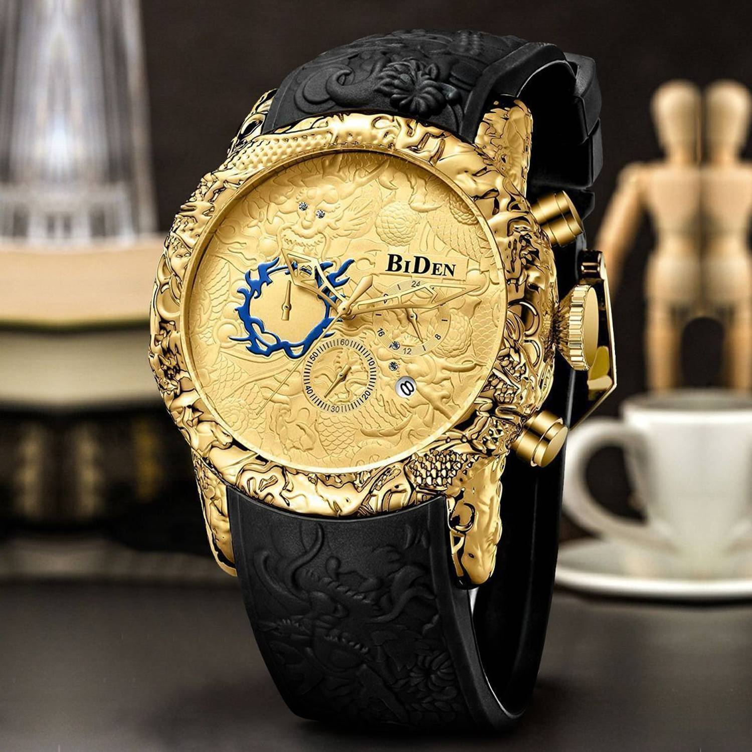 BIDEN Mens Watch Big Dial Chronograph luxury Gold Dial Golden wrist Watch Analog Watch  - For Men