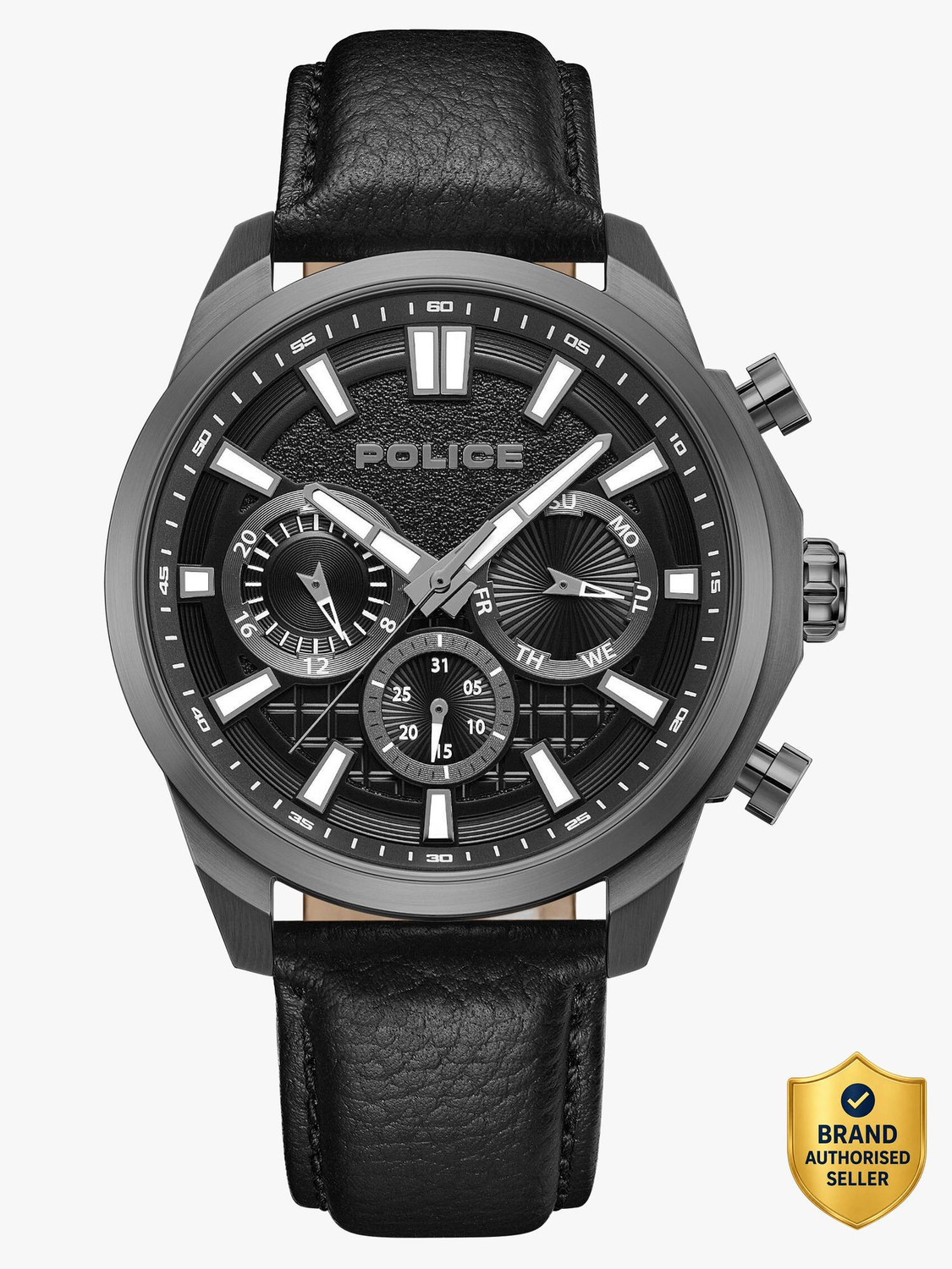 Image of Police Police Multifunction Black Dial Black Leather Strap Analog Watch - For Men