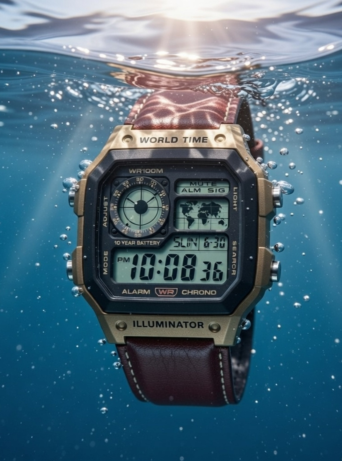 Image of ThetimeTravels New world brown lether New world map brown lether Digital Watch - For Men