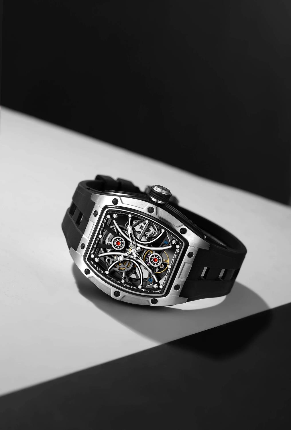 Alix AL2922 Tourbillon Silver Skeleton Dial Silicon Strap Watch