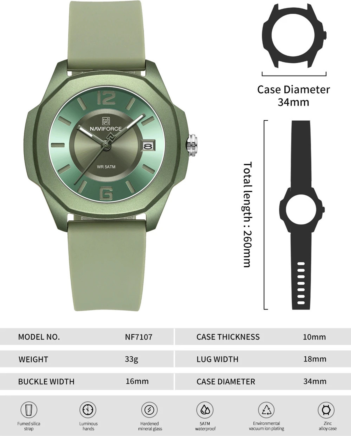 Image of NAVIFORCE NF7107 Green Super soft silicone strap sunburst pattern dial with luminous hand Analog Watch - For Women