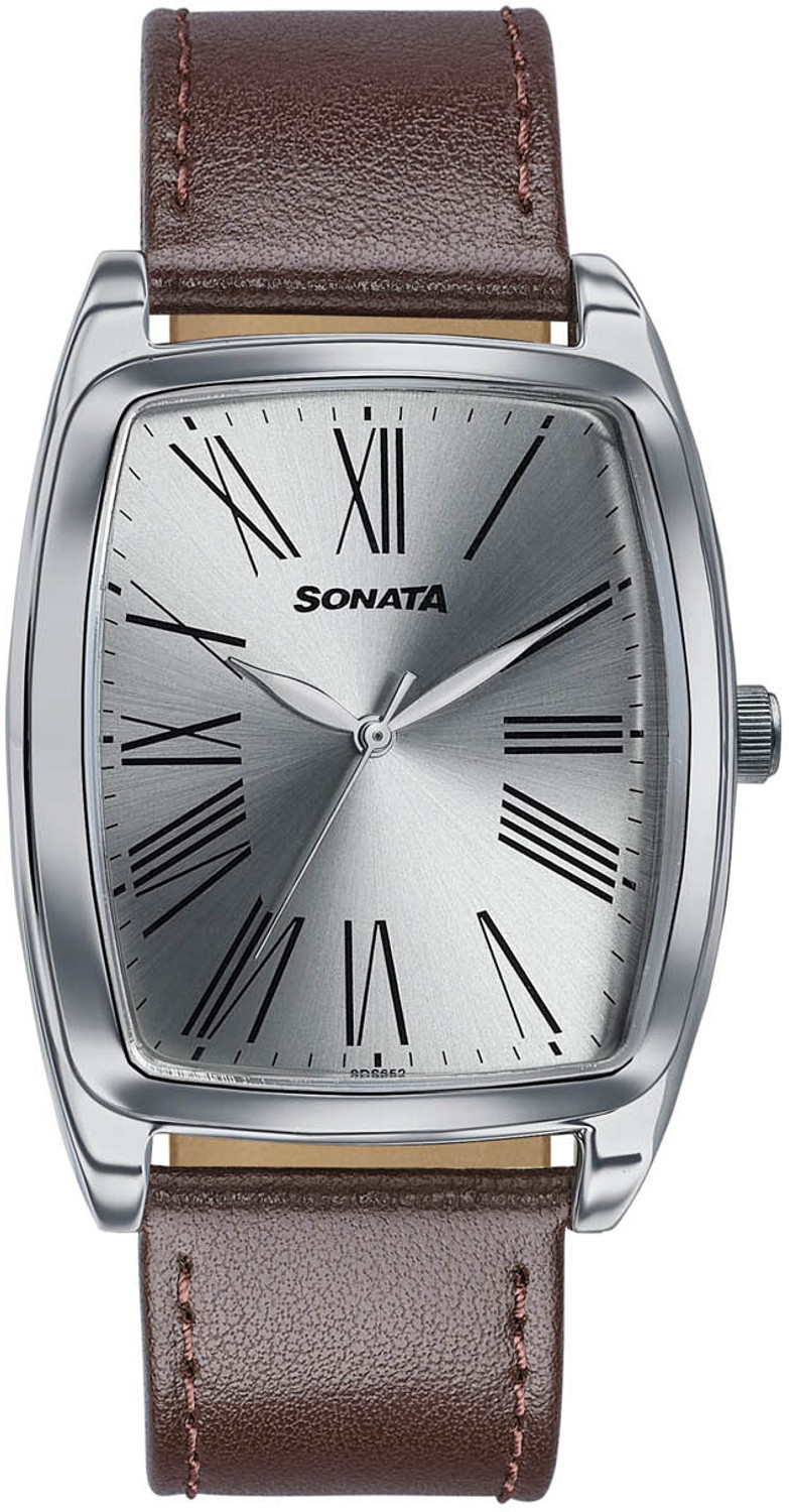 Image of SONATA Ascent Ascent Quartz Off white Dial Brown Leather Strap Analog Watch - For Men