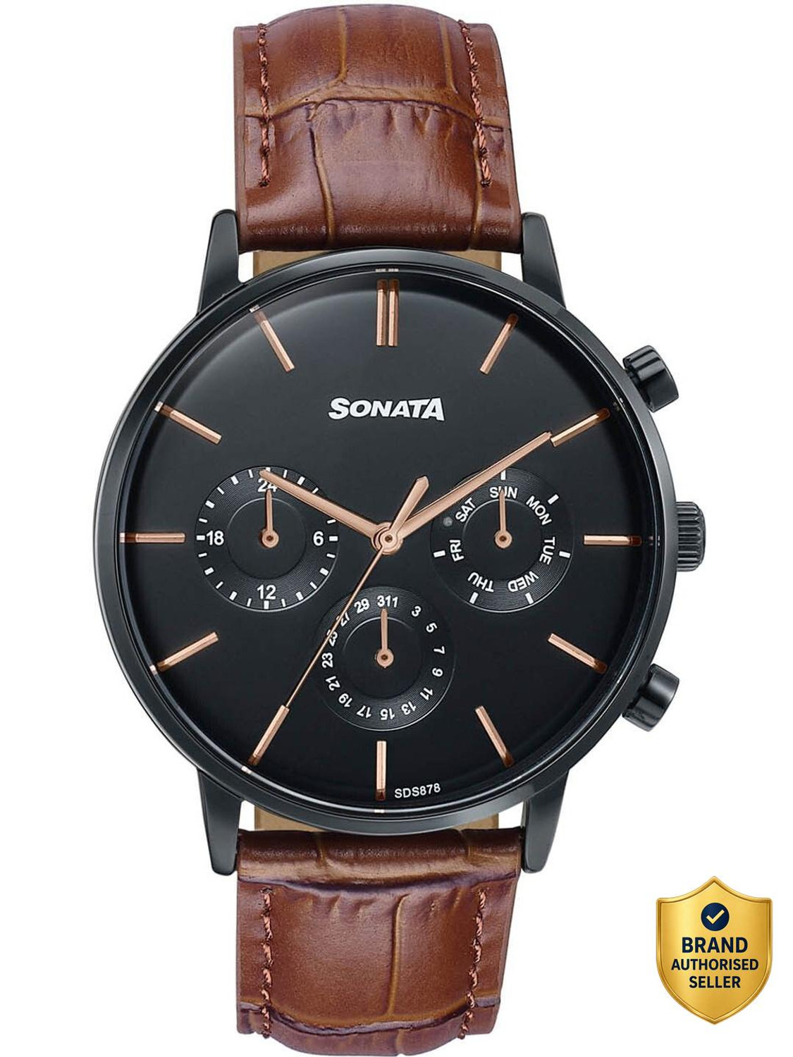 Image of SONATA Festive 2.0 Ph II Sonata Festive 2.0 Quartz Black & gold Dial Brown Leather Strap Analog Watch - For Men