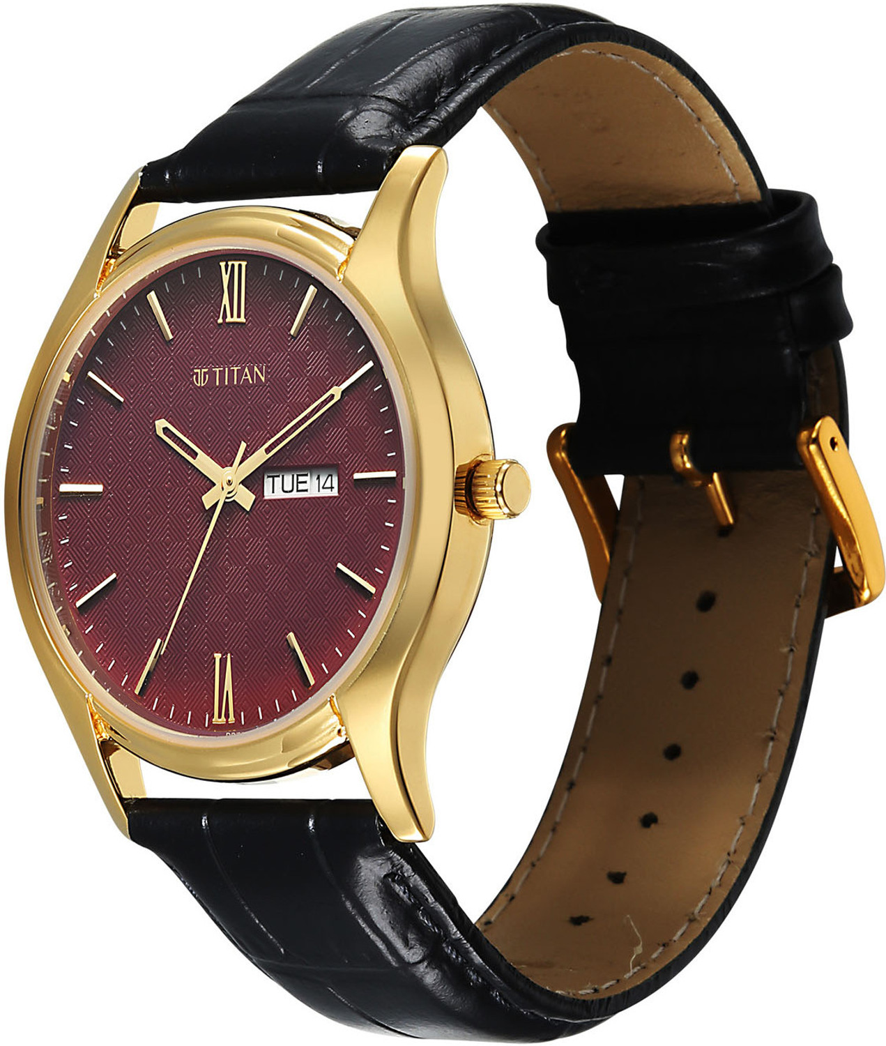 Image of Titan Karishma Gents Karishma Regal Classic Day-Date Green Dial Black LeatherStarp Analog Watch - For Men