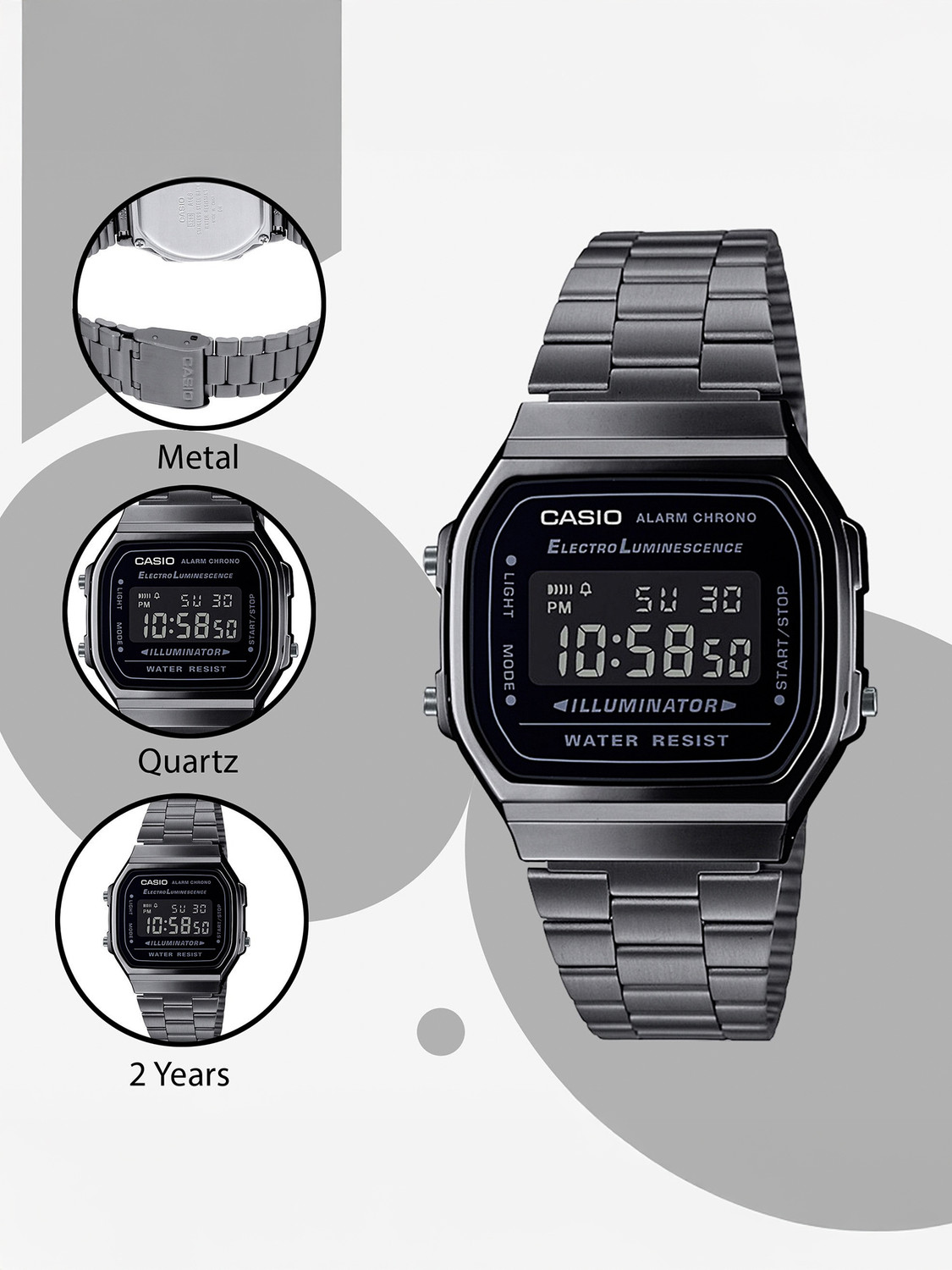 Image of CASIO A168WGG-1BDF Vintage Black Dial Black Stainless Steel Band Digital Watch - For Men & Women