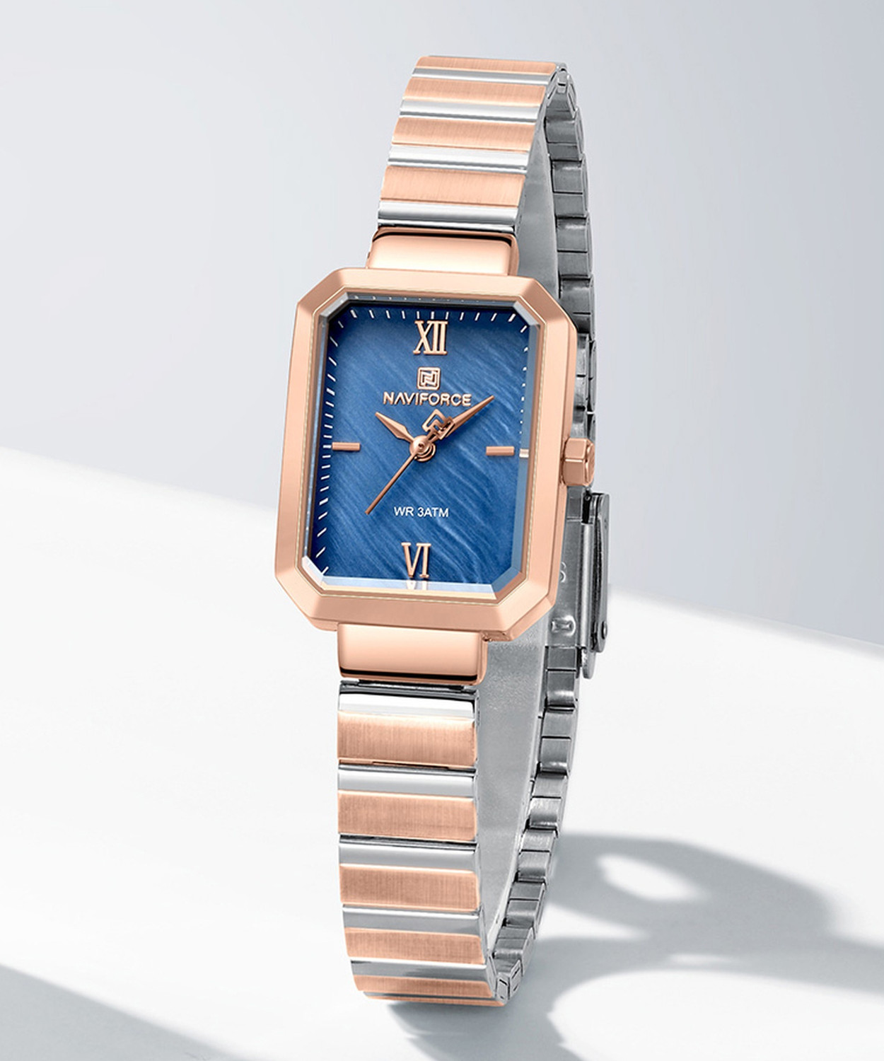 Image of NAVIFORCE NF5050 Blue Marble Texture Rectangle Dial With Silver-Rosegold Stainless Steel Strap Analog Watch - For Women