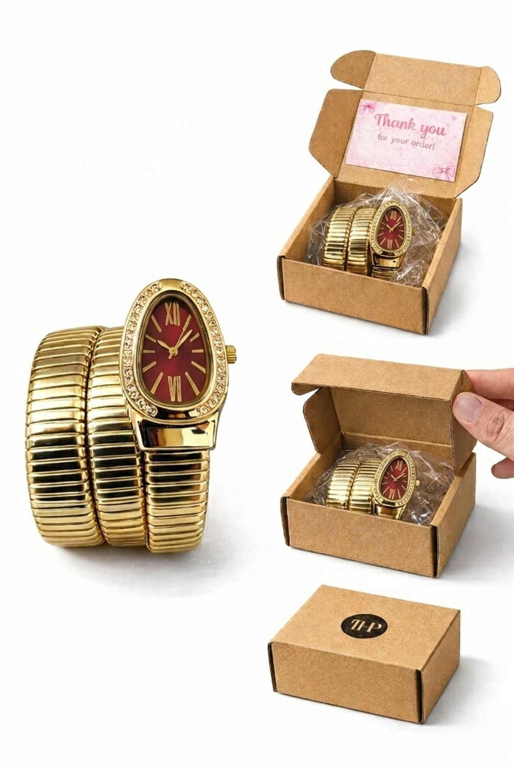 Image of TheHotPickz Snake Coil watch for women | Red Dial with Gold Strap Snake Watch Analog Watch - For Women
