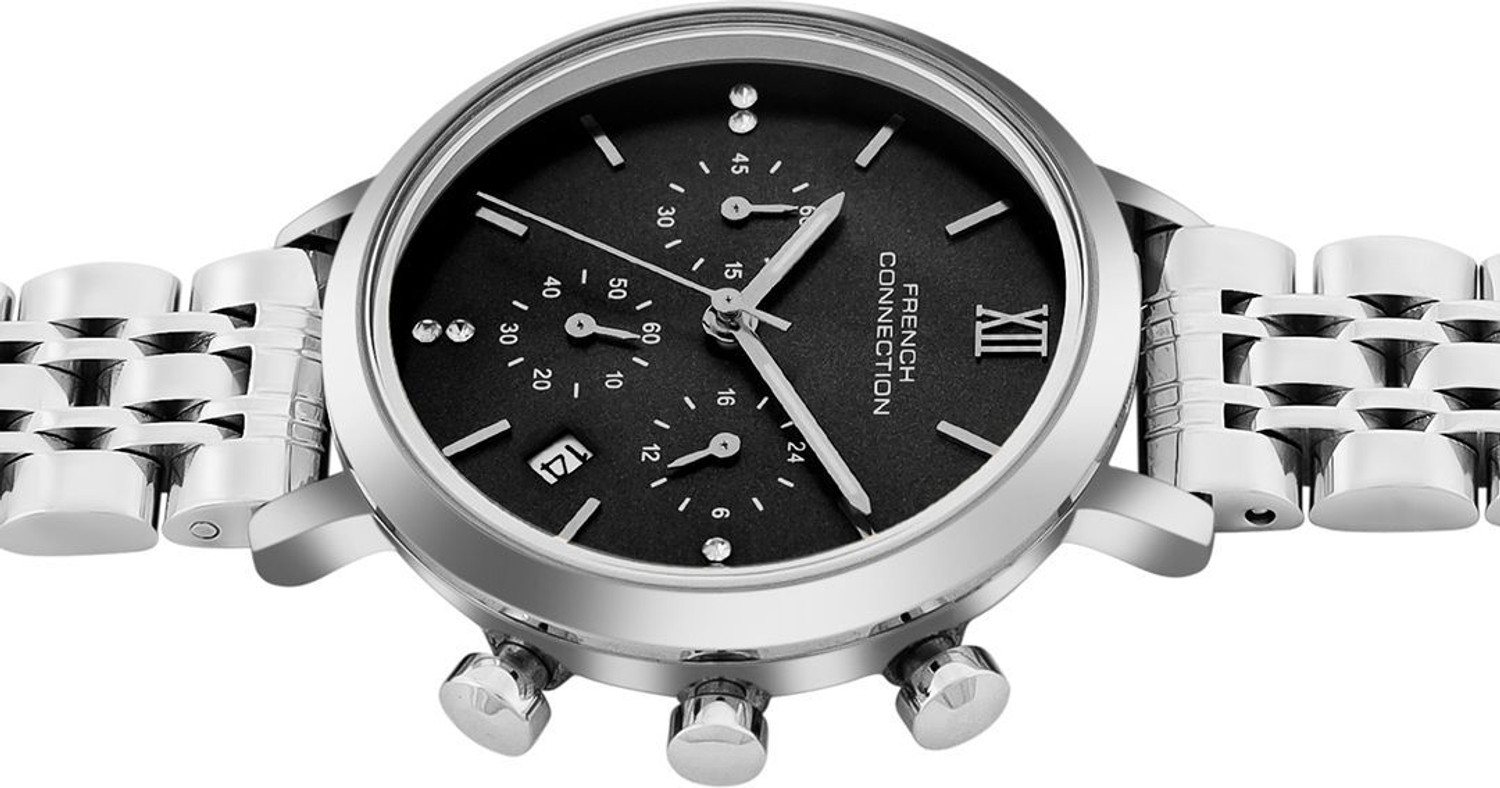 Image of French Connection Luxor LUXOR Dated Black Sunray Round Dial | Women's Silver Chronograph Watch Analog Watch - For Women