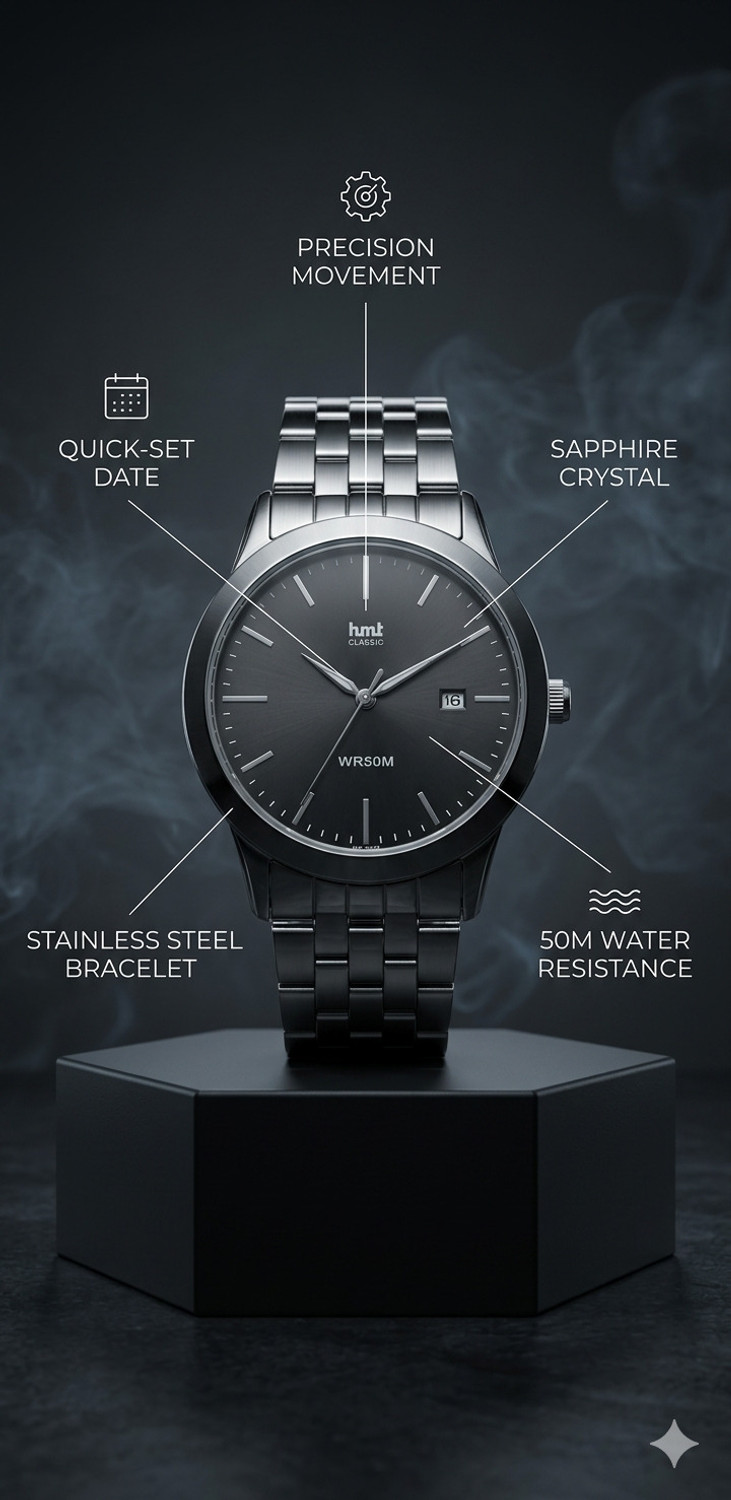 Image of HMT DLX 1584SM02 Black Silver chain Attractive Premium Summer collection Analog Watch - For Men