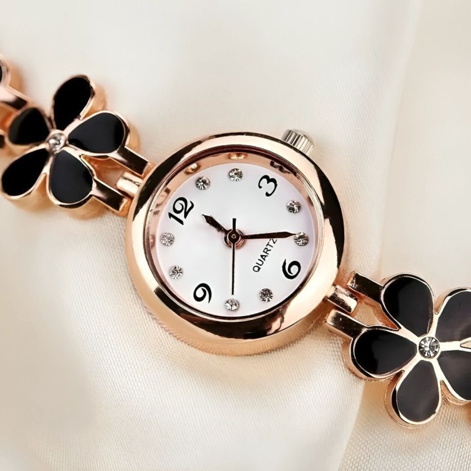 Image of RareEagle RE-FLR-BKL-01 RareEagle Blossom Beauty Series Floral Bracelet Black Girls Analog Watch Analog Watch - For Girls