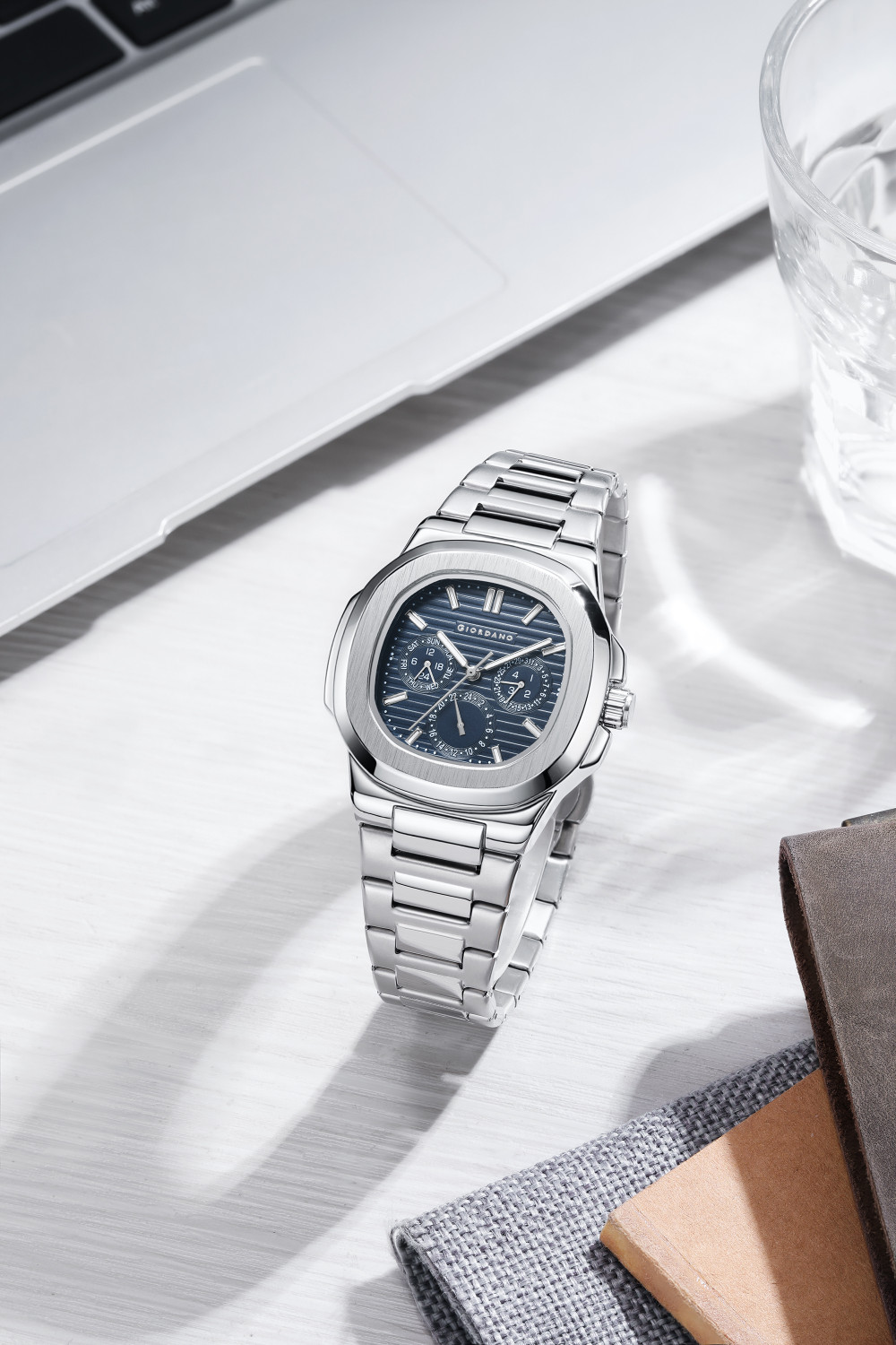 Image of GIORDANO Multifunction Watch Texture Dial Cushion Case Luminous Index Marker Stainless Strap Day Date Display Analog Watch - For Men