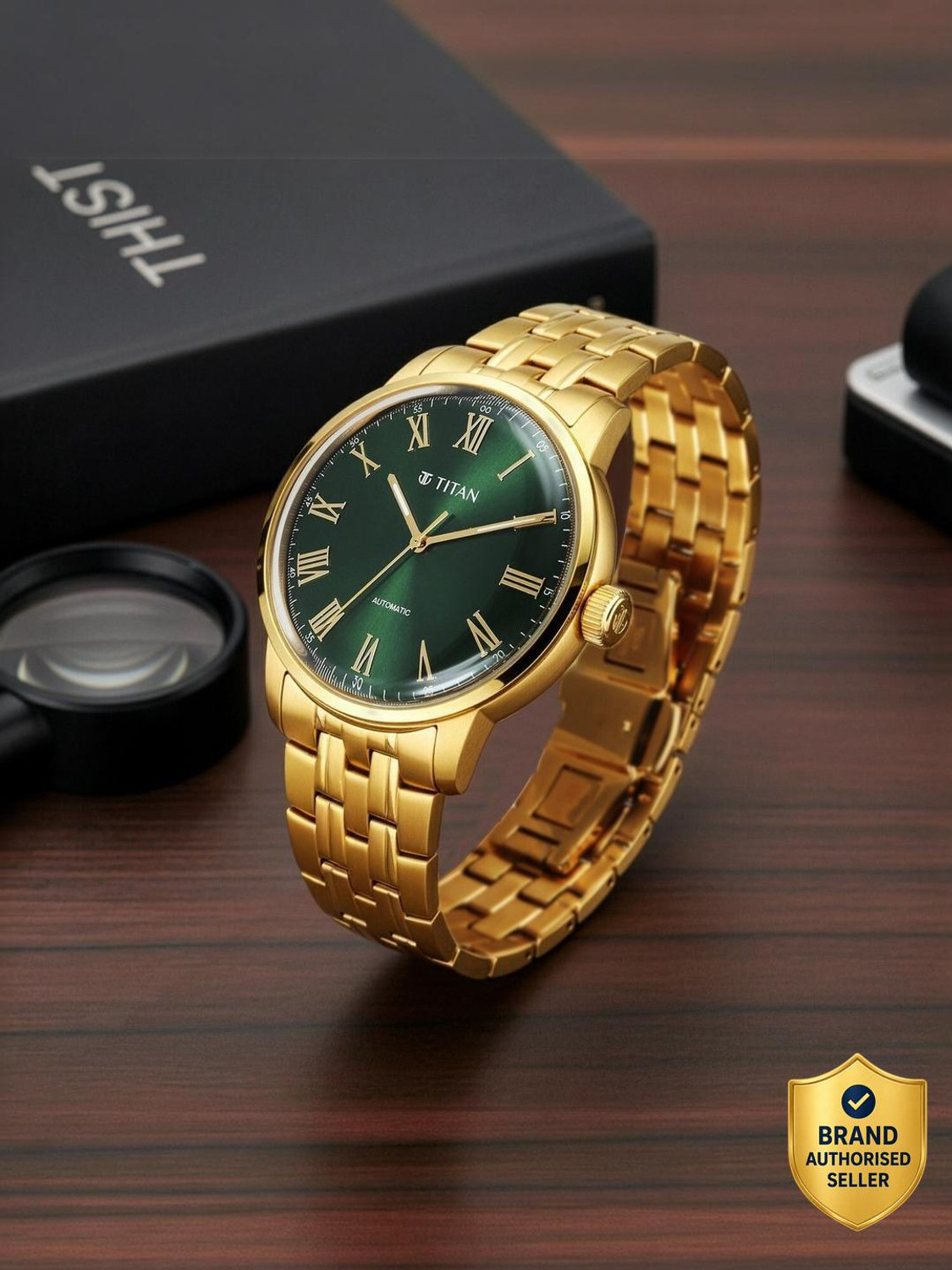 Image of Titan Aurelian Concealed Automatic Titan Aurelian Concealed Automatic Green Dial Roman Numerals SS Strap Analog Watch - For Men
