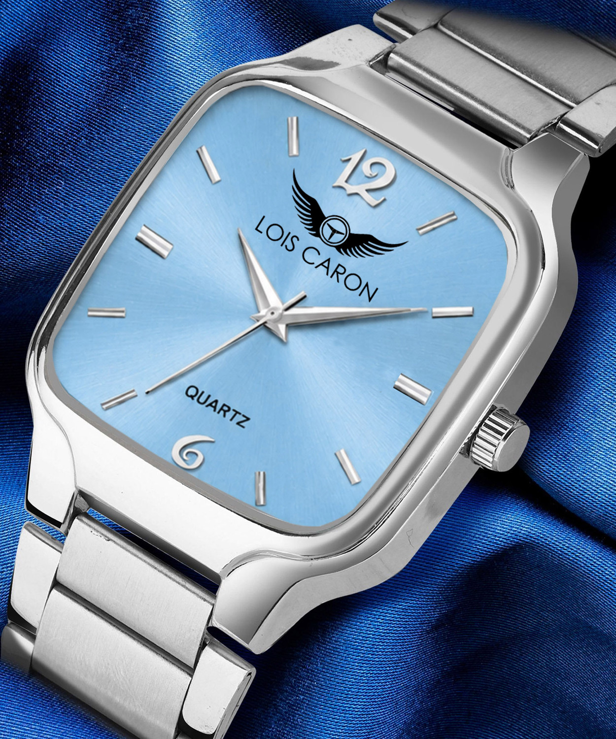 Image of LOIS CARON LCS-4297 (sKY BLUE) Men's Premium Square Ice Blue Sunray Dial | Silver Stainless Steel Strap Analog Watch - For Men