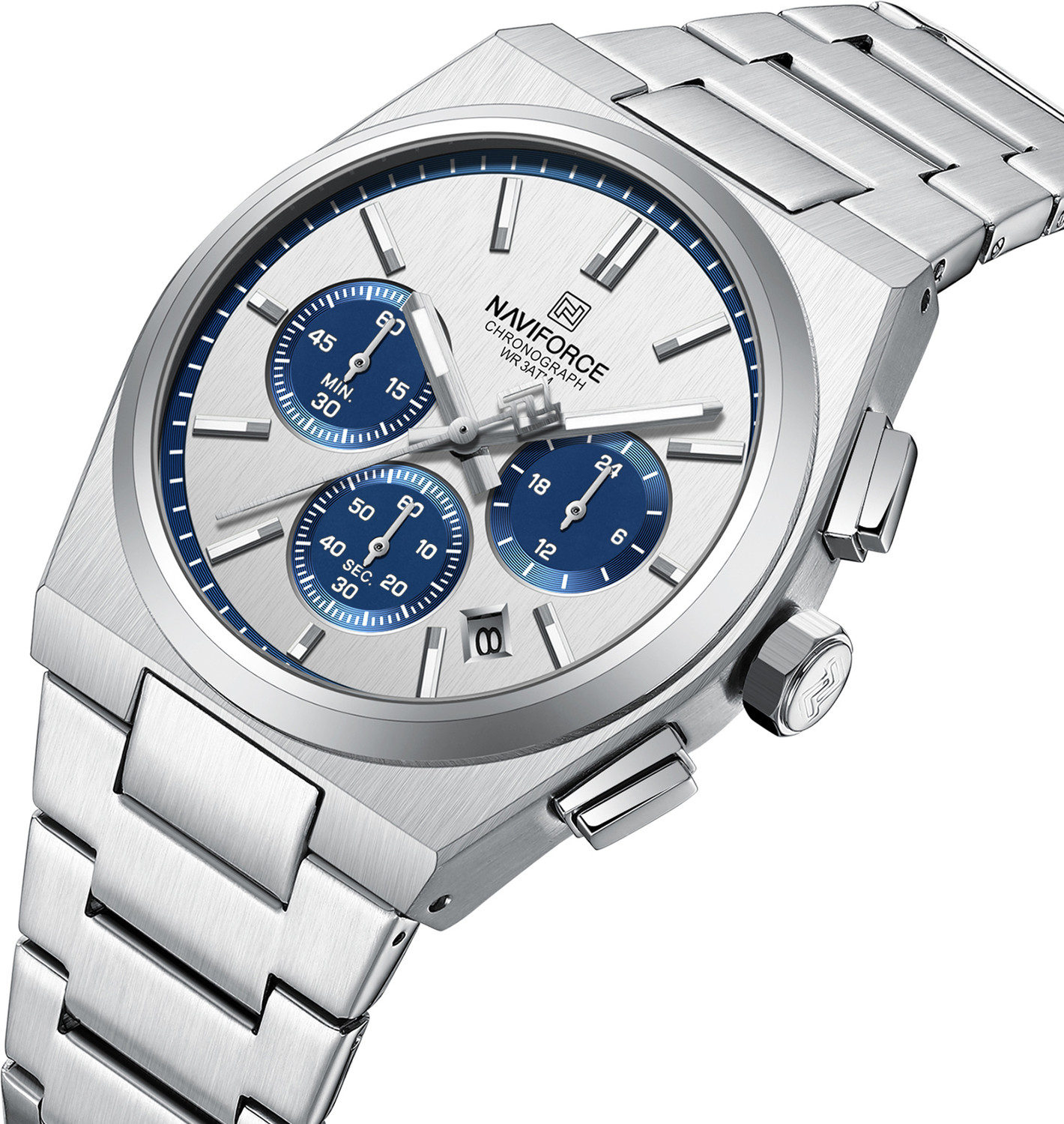 Image of NAVIFORCE NF8048G Blue chronograph dial With Silver Stainless steel strap Analog Watch - For Men