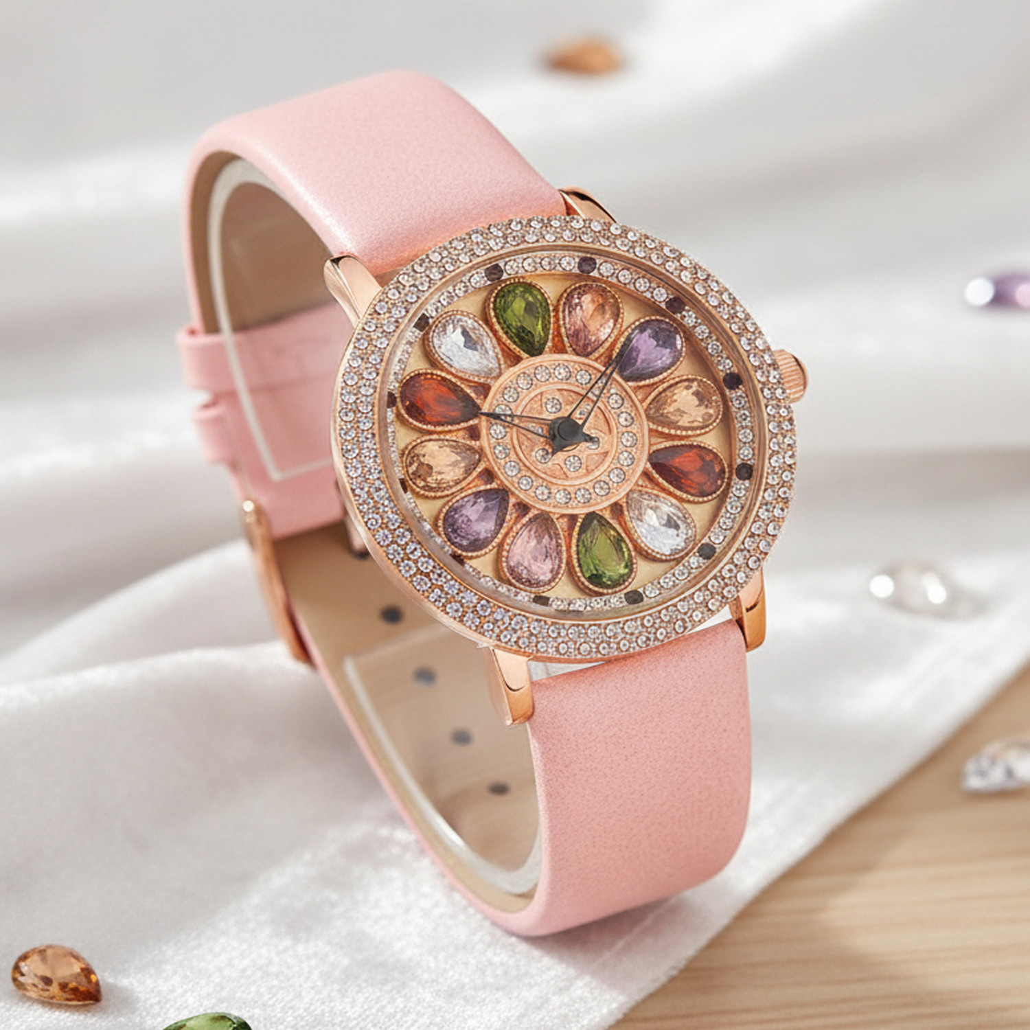 Image of IIK Collection Flora Watch for Women Multicolor Diamond Rotating Dial with GenuineLeather Strap Analog Watch - For Women IIK-3228W