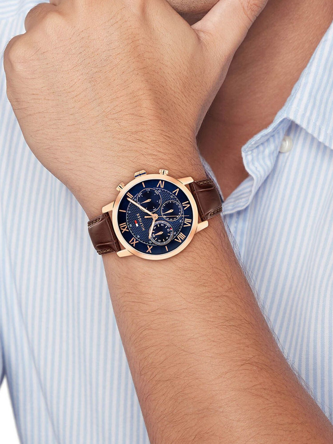 Image of TOMMY HILFIGER Th-Oxford Tommy Hilfiger Th-Oxford Qtz Navy Dial Brown Leather Strap Analog Watch - For Men