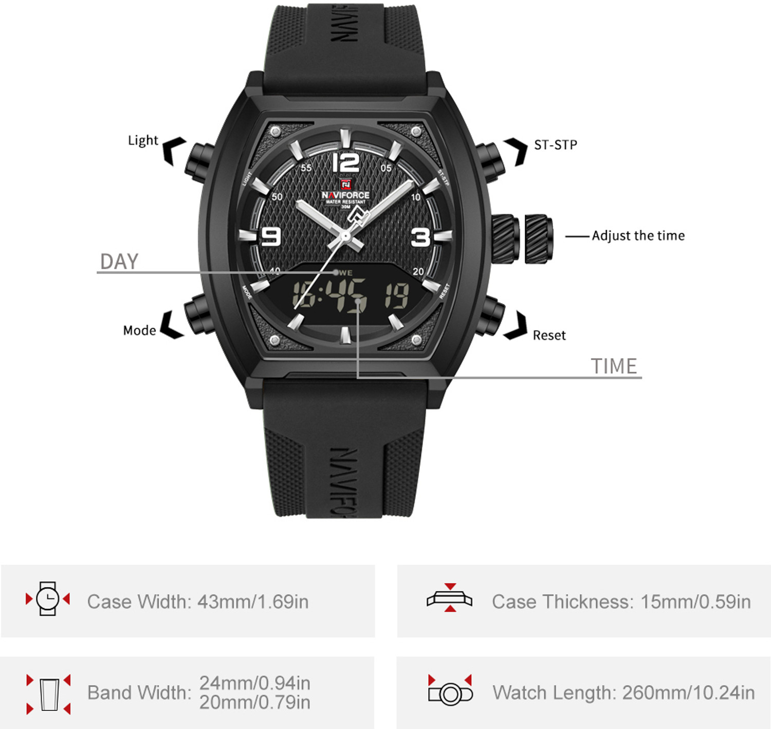 Image of NAVIFORCE Black Dynamic Racing Style Dual Display Multifunctional Watch Analog-Digital Watch - For Men