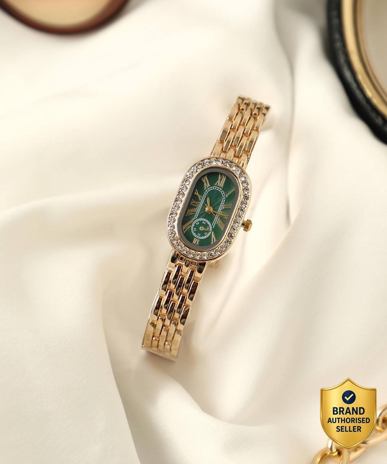 Image of Haute Sauce Women's The Embellished Roman Oval Watch - Emerald Green Analog Watch - For Women