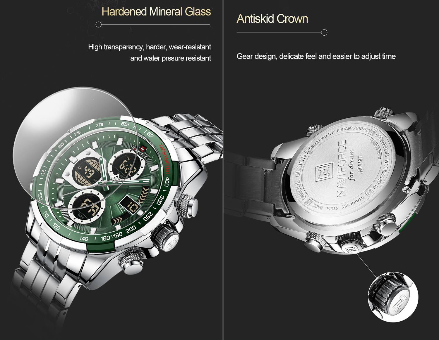NAVIFORCE Green and Silver Analog-Digital Watch - Image 3