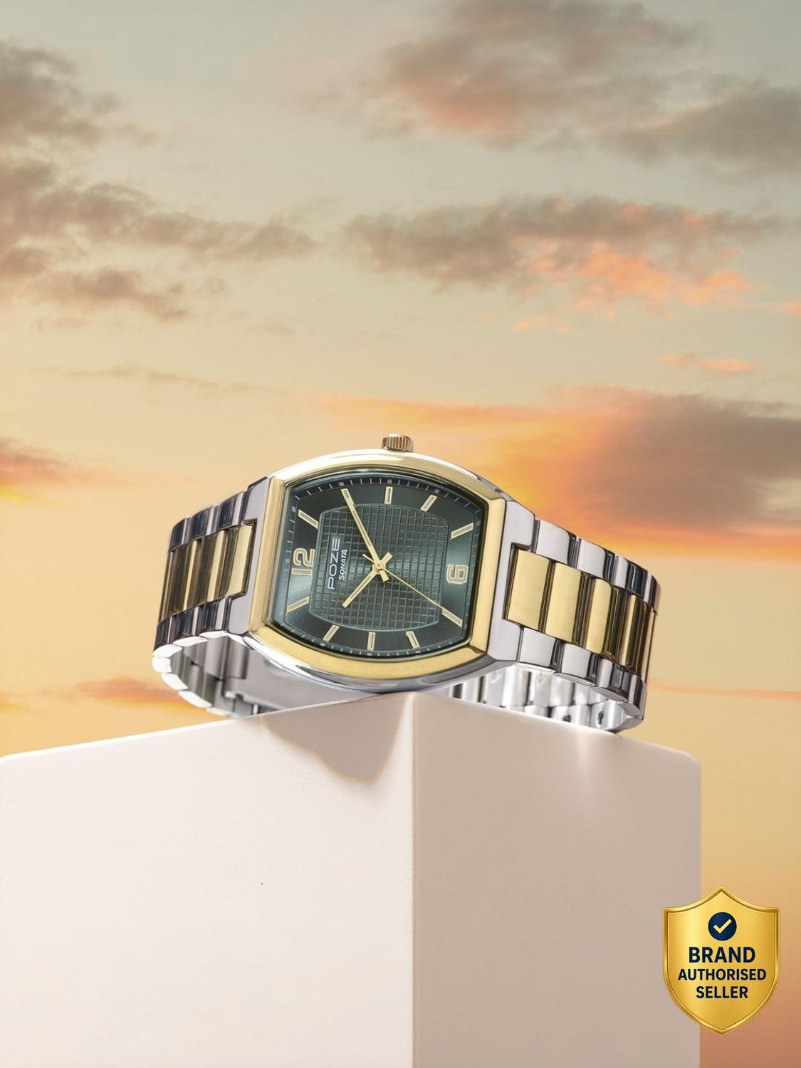 Image of SONATA Poze 8 Sonata Poze 8 Quartz Green Dial IPS+IPG 304SS Sheet Metal Strap Analog Watch - For Men