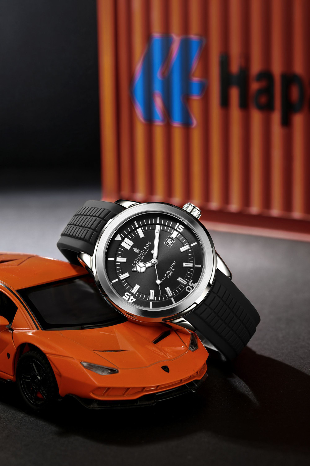 Image of London Fog Black Dial and Silicone Strap, Round Metal Case, Date Display, Luminous Markers Duke Collection Black Dial Silicone Strap Round Metal Case Date Luminous Markers Analog Watch - For Men