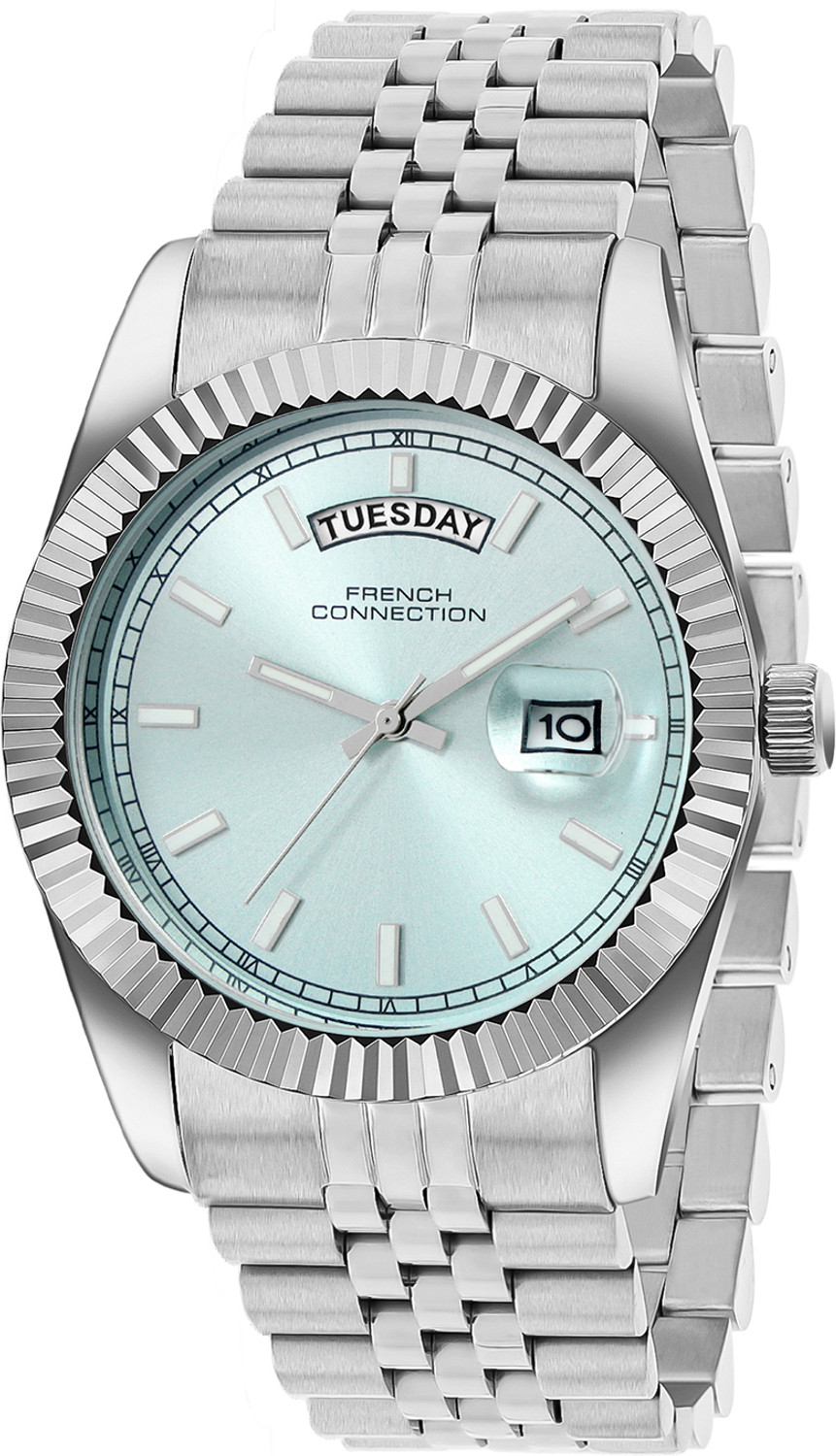 Image of French Connection Light Blue Day and Date Modern Dial | Silver Stainless Steel Watch for Men Analog Watch - For Men