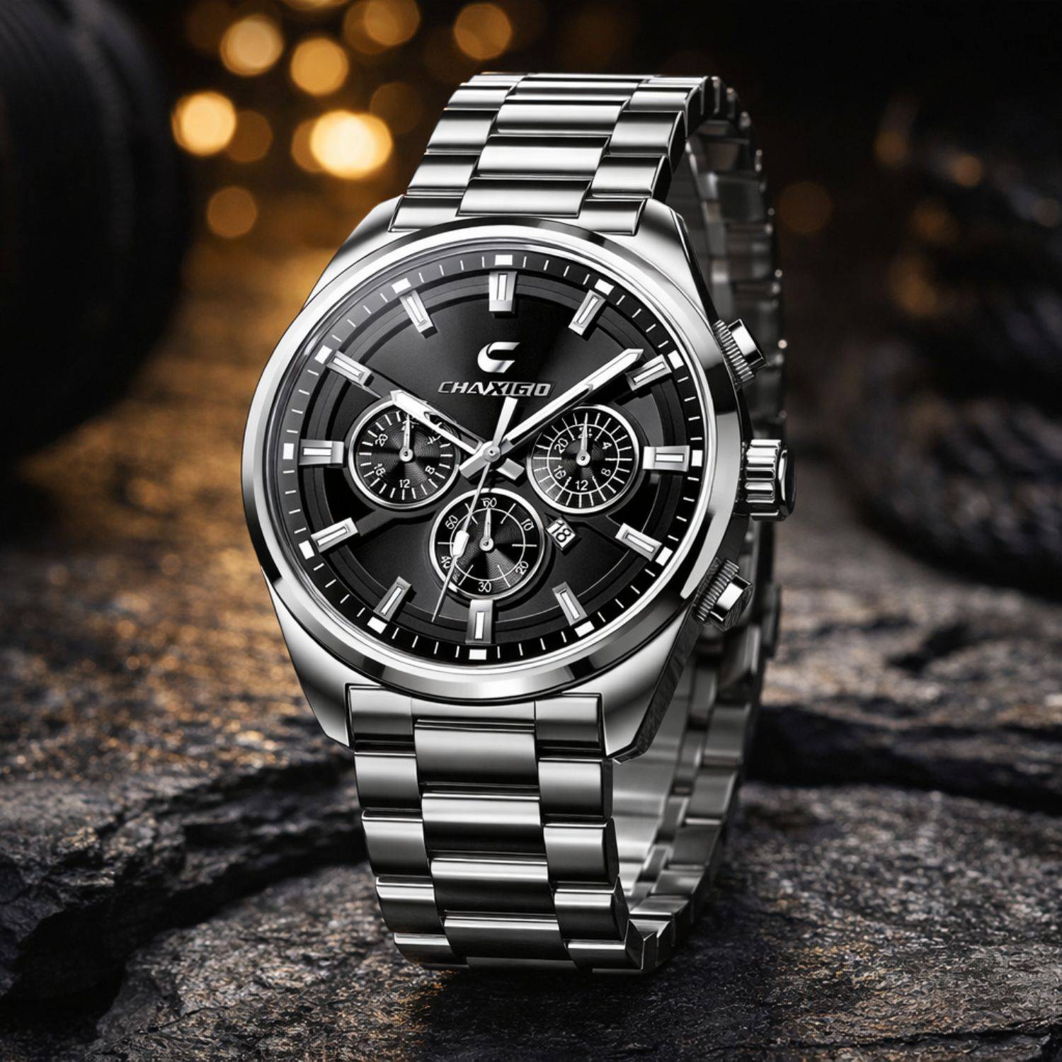 Chaxigo Classic Black Dial Silver Bracelet Strap Analog Watch