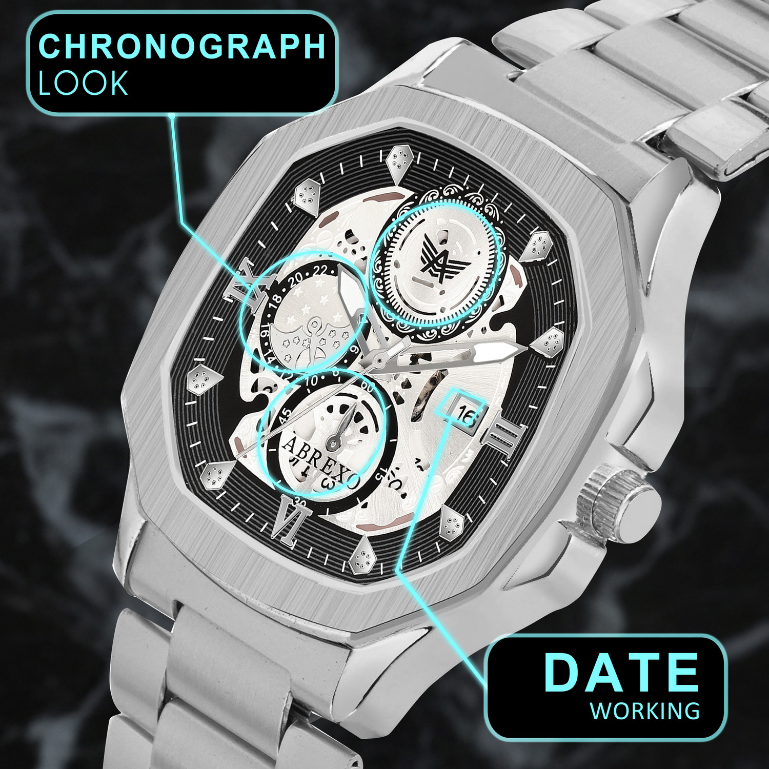 Image of ABREXO GODFATHER Square Chrono Look Silver Dial Date Working Stainless Strap For Boys Analog Watch - For Men Abx8311-Silver Bracelets