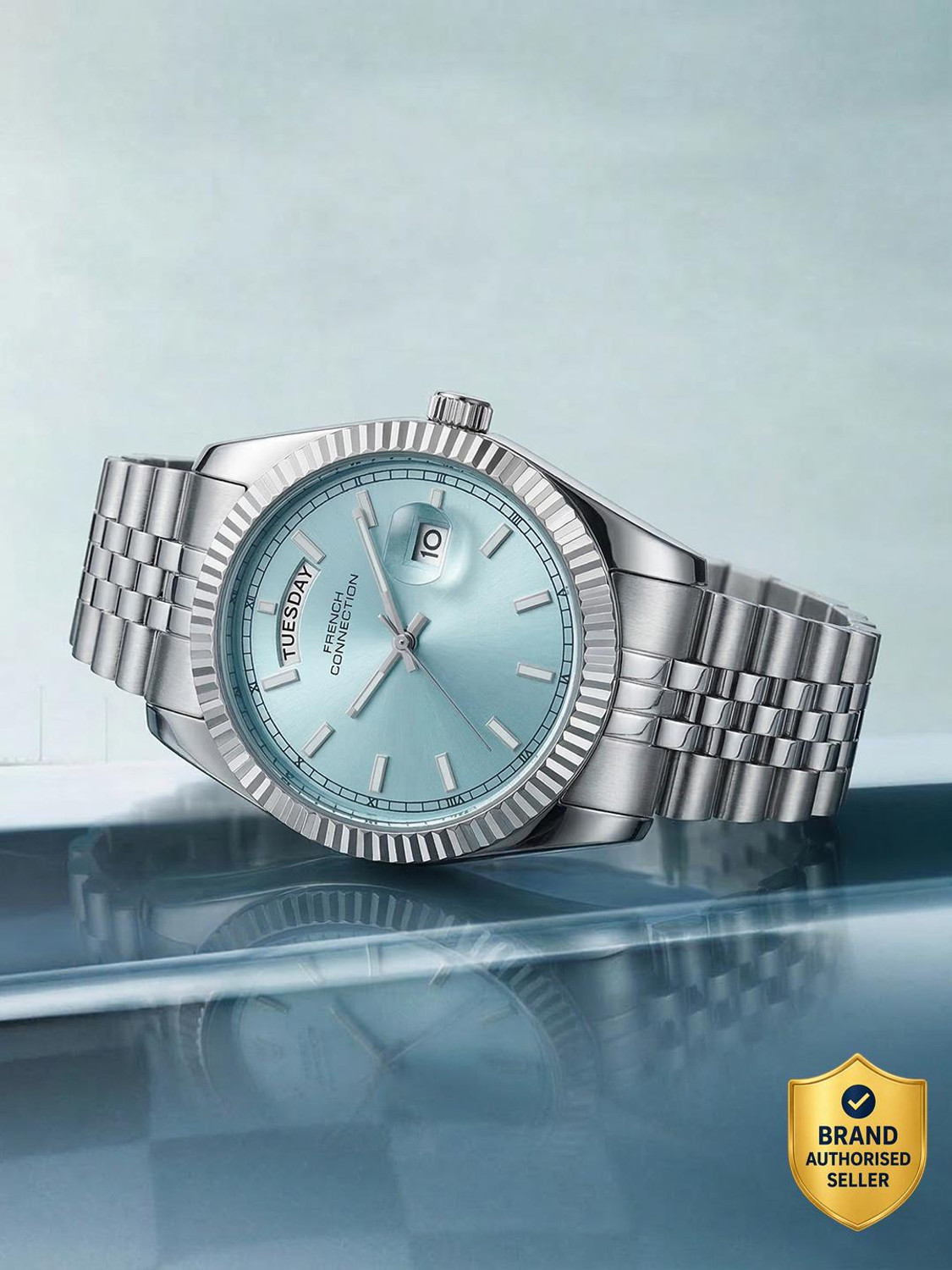 Image of French Connection Light Blue Day and Date Modern Dial | Silver Stainless Steel Watch for Men Analog Watch - For Men