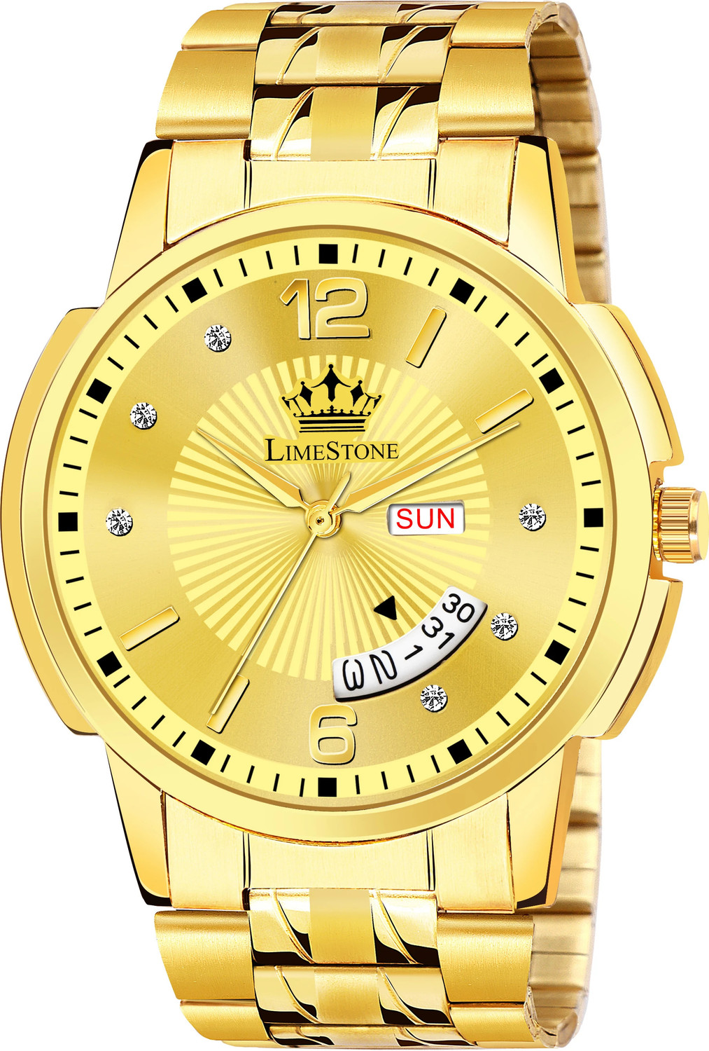 Image of LIMESTONE Day & Date Original HMTS Gold Plated Adjsutable HMTS Bracelet Quartz Analog Watch - For Men
