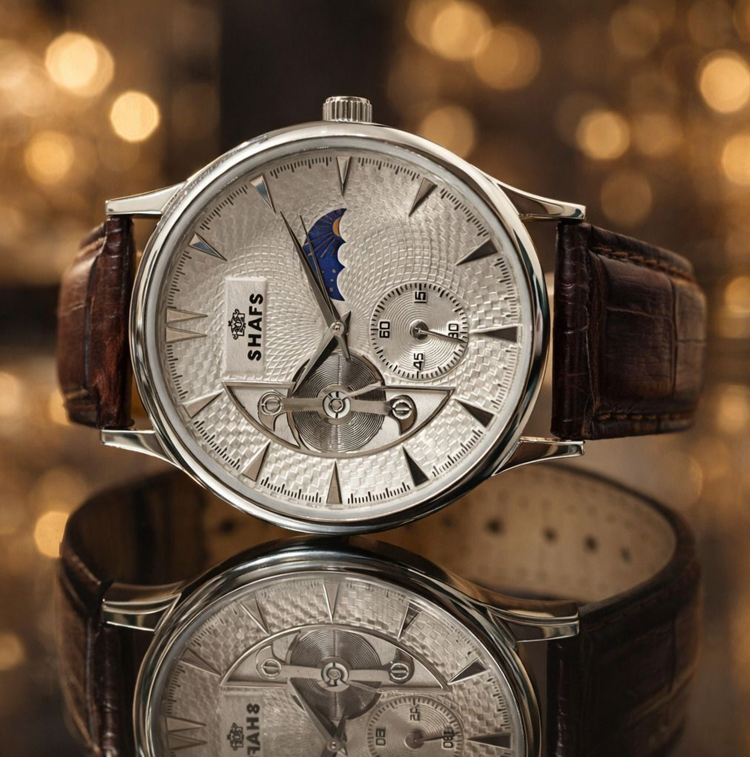 Image of shafs SHAFS Royal Moonphase - Brown Leather Analog Watch - For Men