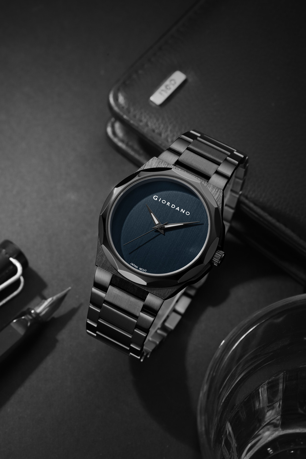 Image of GIORDANO Blue Sunray Round Dial, Quartz Movement and Black Stainless Steel Strap Analog Watch - For Men GZ-50189-11