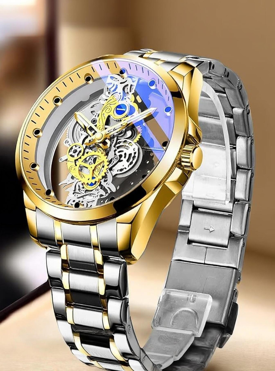 Image of NAYABE Skeleton Watch for Men, Two-Tone Silver and Gold Stainless Steel NAYABE Skeleton Watch for Men, Two-Tone Silver and Gold Stainless Steel Analog Watch - For Boys