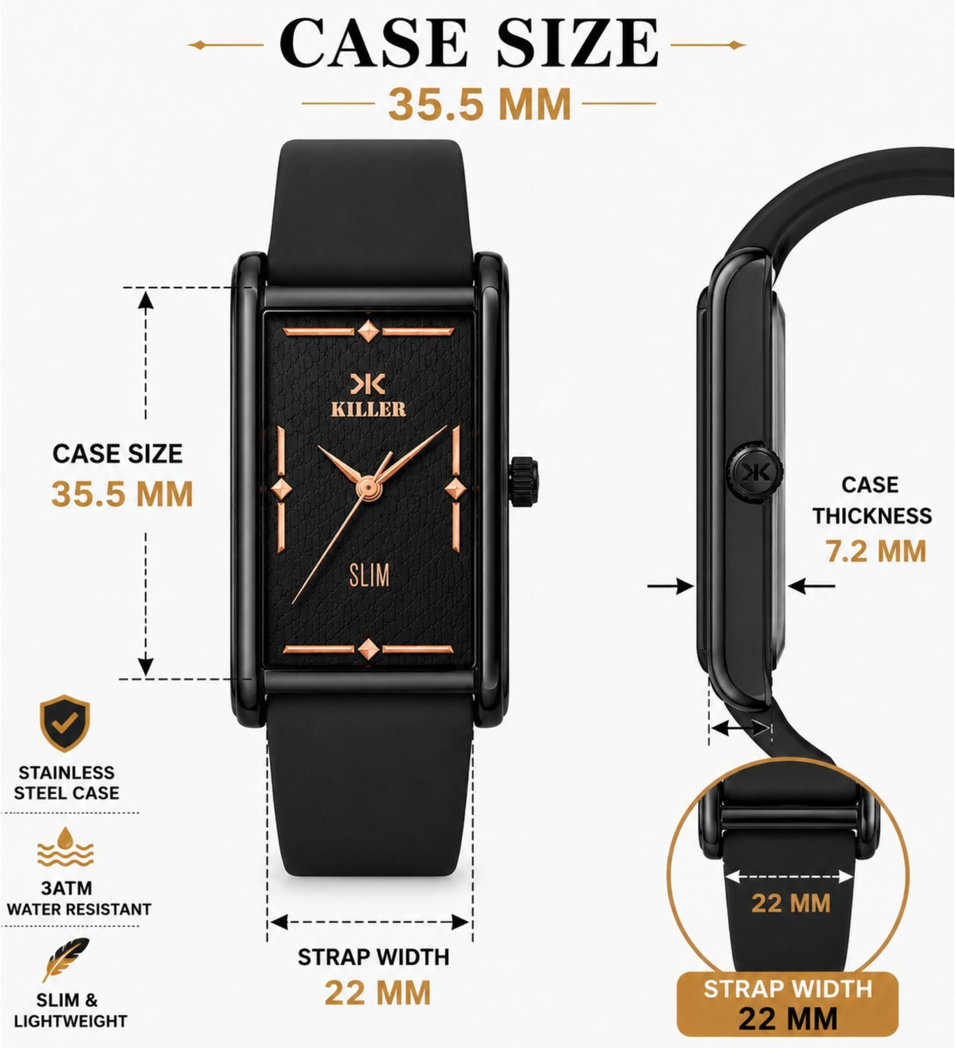 Image of KILLER Slim Men's Analog Watch with Black Silicone Strap & Black Textured Dial Analog Watch - For Men