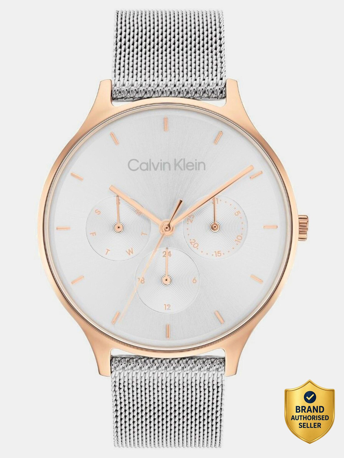 Image of Calvin Klein Timeless Mesh Mf Timeless Mesh Mf Silver White Round Dial Analog Watch - For Women