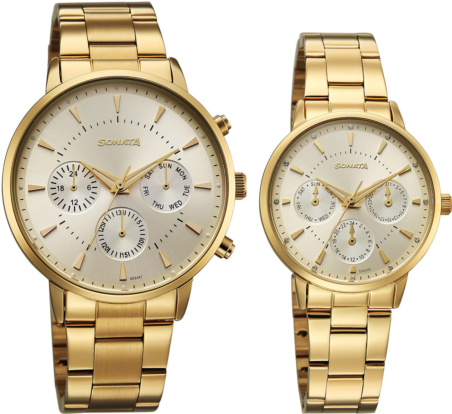 Image of SONATA Perfect Pairs Sonata Perfect Pairs P2 Quartz Gold Round Dial Men and Women Pair Watch / Analog Watch - For Men & Women
