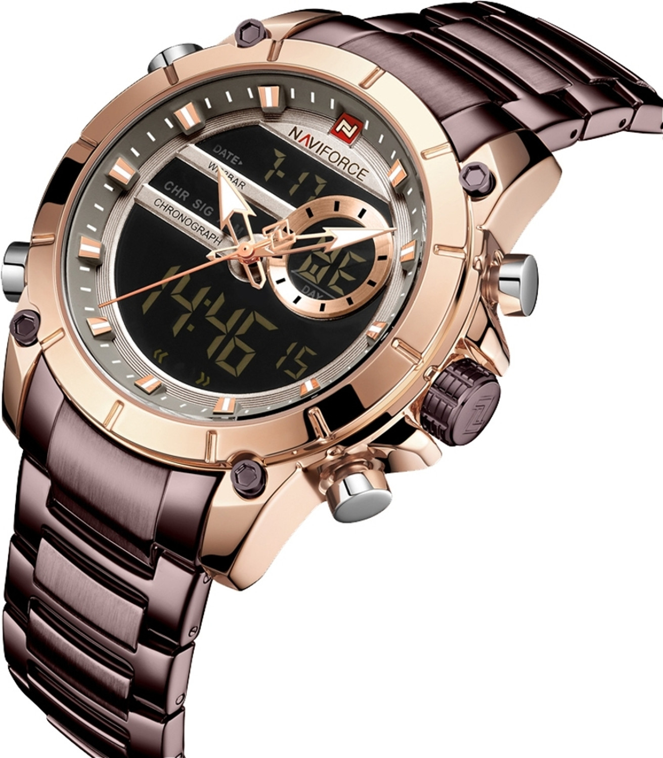 Image of NAVIFORCE 9163 brown violet digital and analog supper class multifunctional long lasting color Analog-Digital Watch - For Men