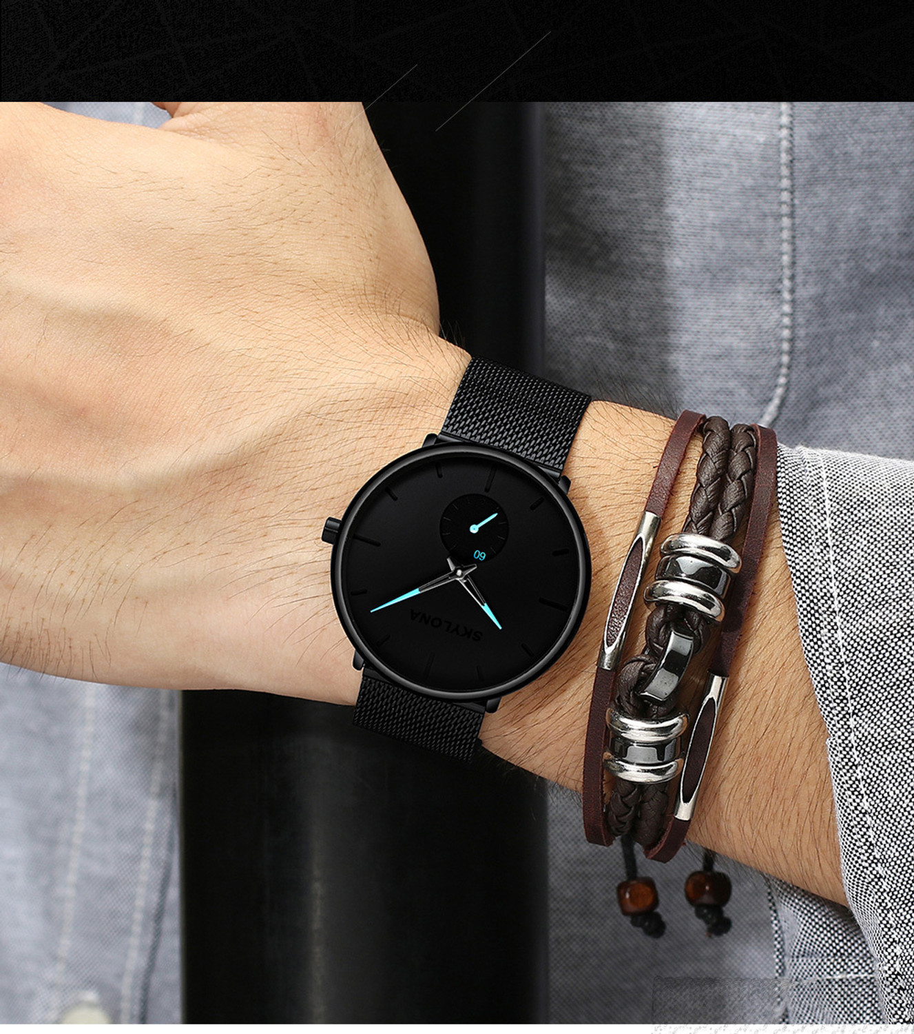 Image of SkyLona Slim Dial Stainless Steel Mesh Band -Waterproof Design Analog Watch - For Men