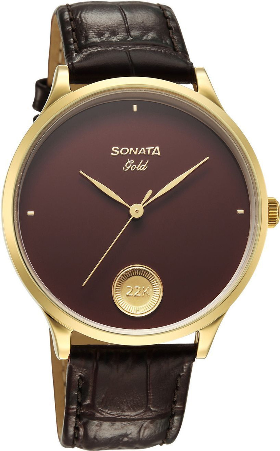 Image of SONATA Sonata - Gold AT 2026 Sonata Gold Regal Maroon Dial With 22 Karat Gold Coin on Dial Analog Watch - For Men