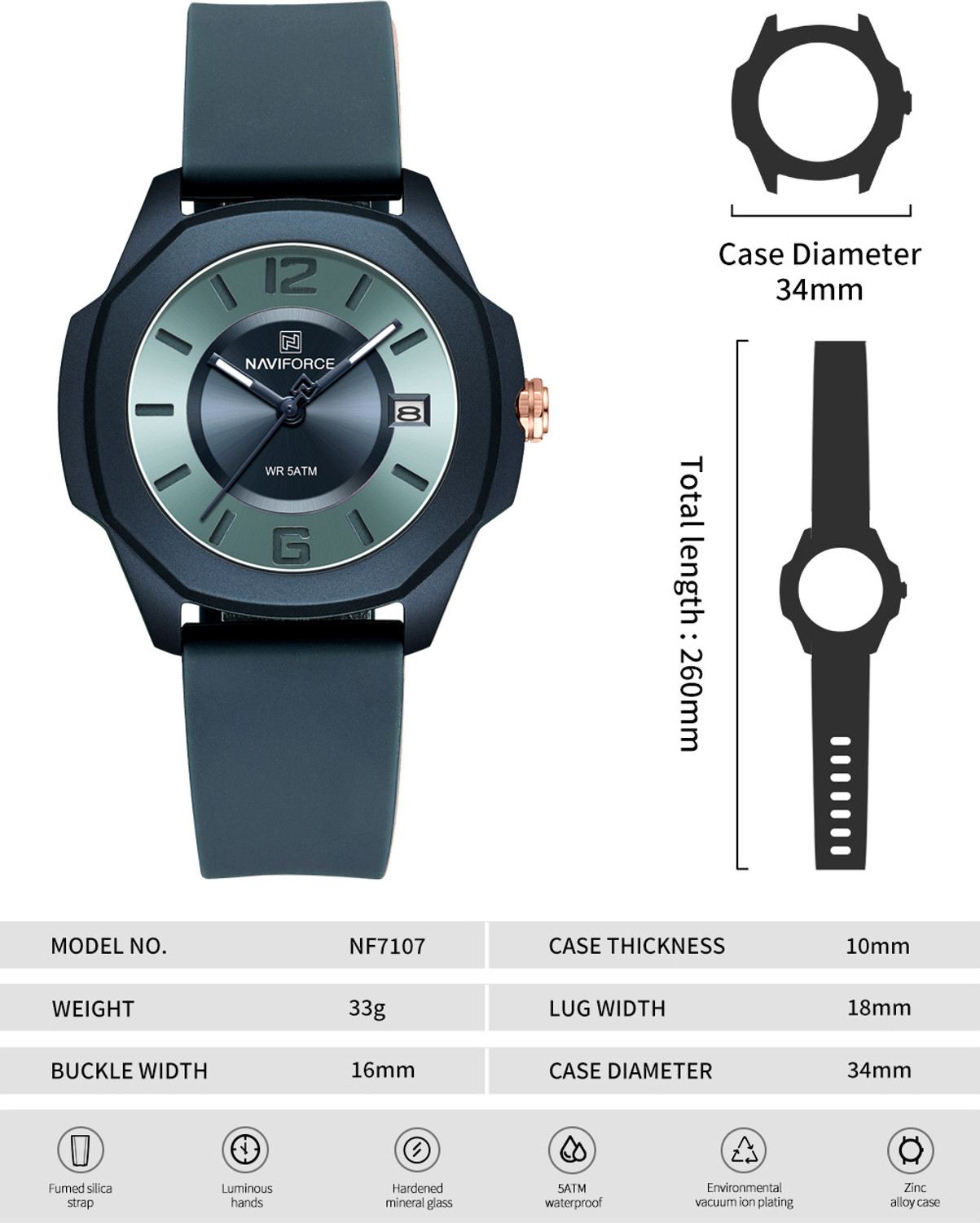 Image of NAVIFORCE NF7107 Blue Super soft silicone strap sunburst pattern dial with luminous hand Analog Watch - For Women