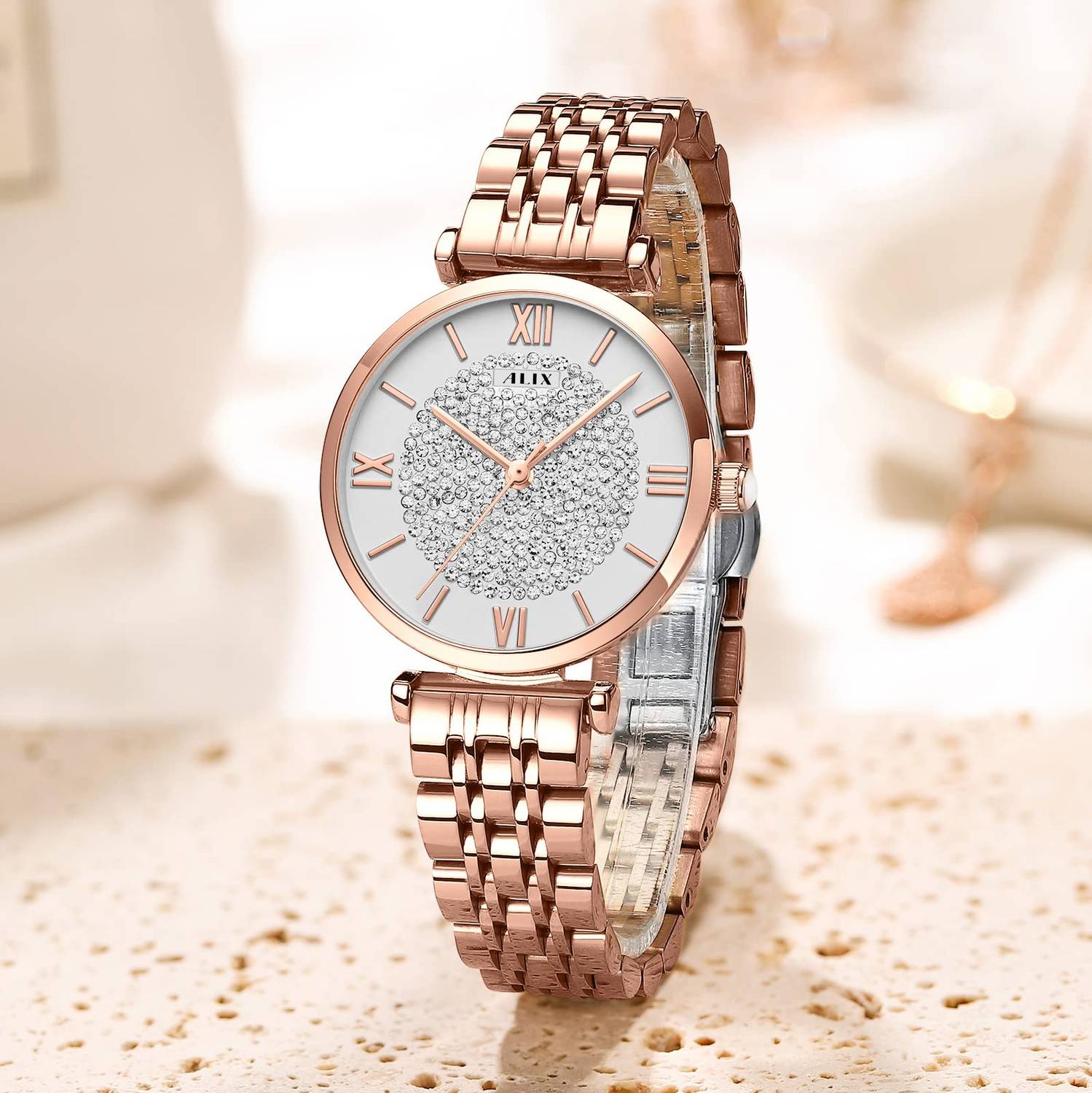 アロイスページ Alix Women fashion rose gold stainless steel strap with diamond