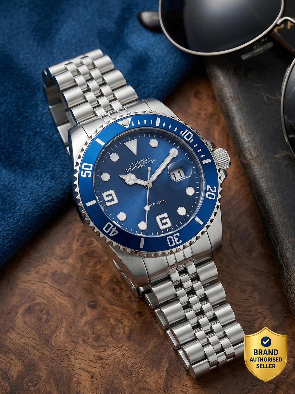 Image of French Connection STEELORA Blue Dated Sunray Round Dial | Silver Stainless Steel Analog Watch for Men Analog Watch - For Men