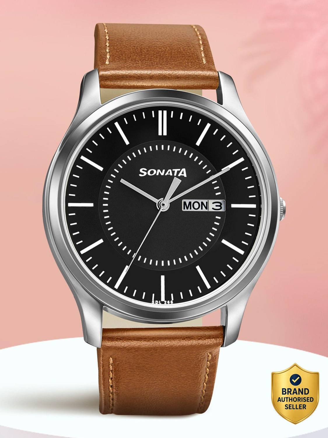 Sonata 77082SL08W Black Dial Tan Leather Men's Watch - Image 1