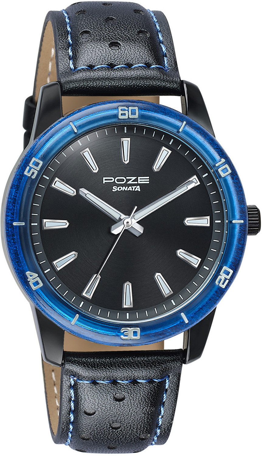 Image of SONATA Poze 7 Sonata Poze 7 Black Dial IP Black + Blue stitch Leather Strap Strap Analog Watch - For Men