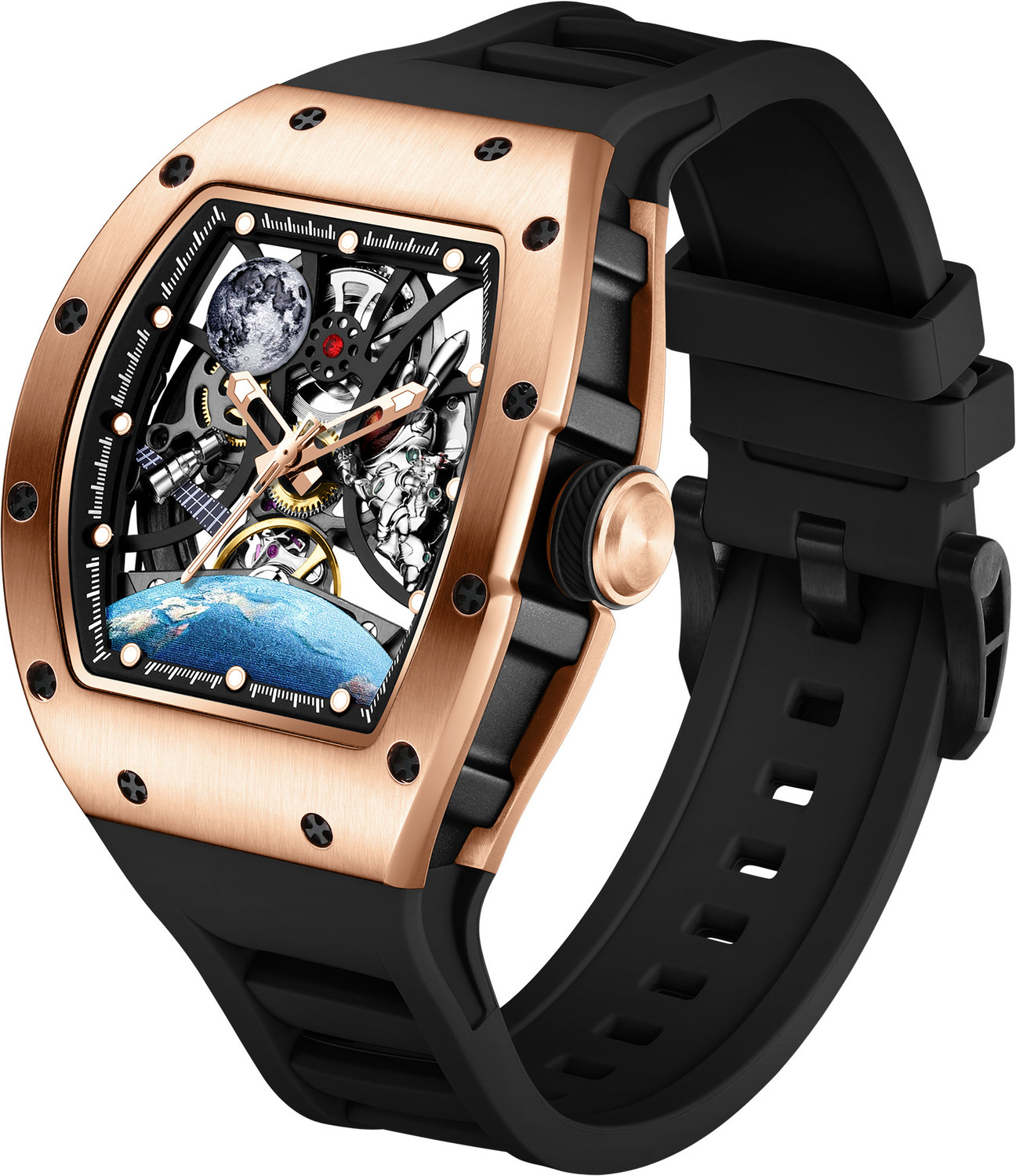 Image of Alix AL2930 Rose Gold Tonneau Case with Astronaut & Moon Motif Black Silicone Strap Analog Watch - For Men