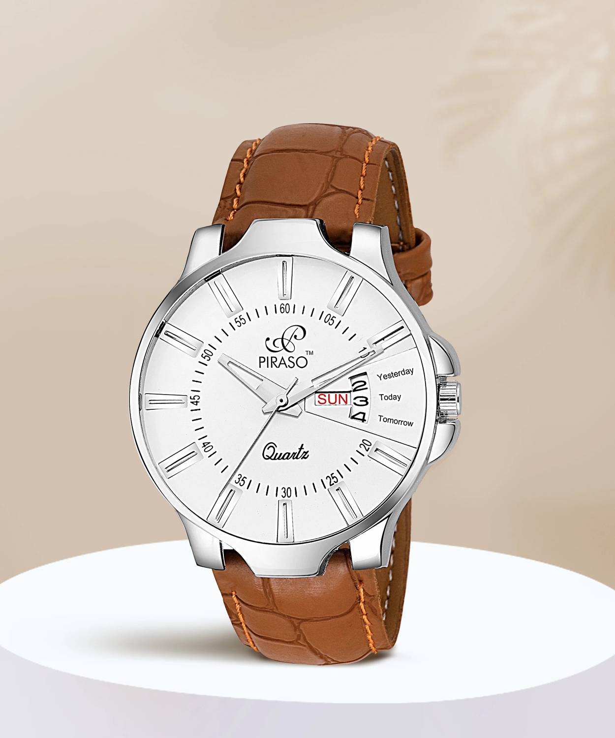 PIRASO DAY AND DATE WORKING|WHITE DIAL|BROWN STRAP| FOR MEN Analo...mo