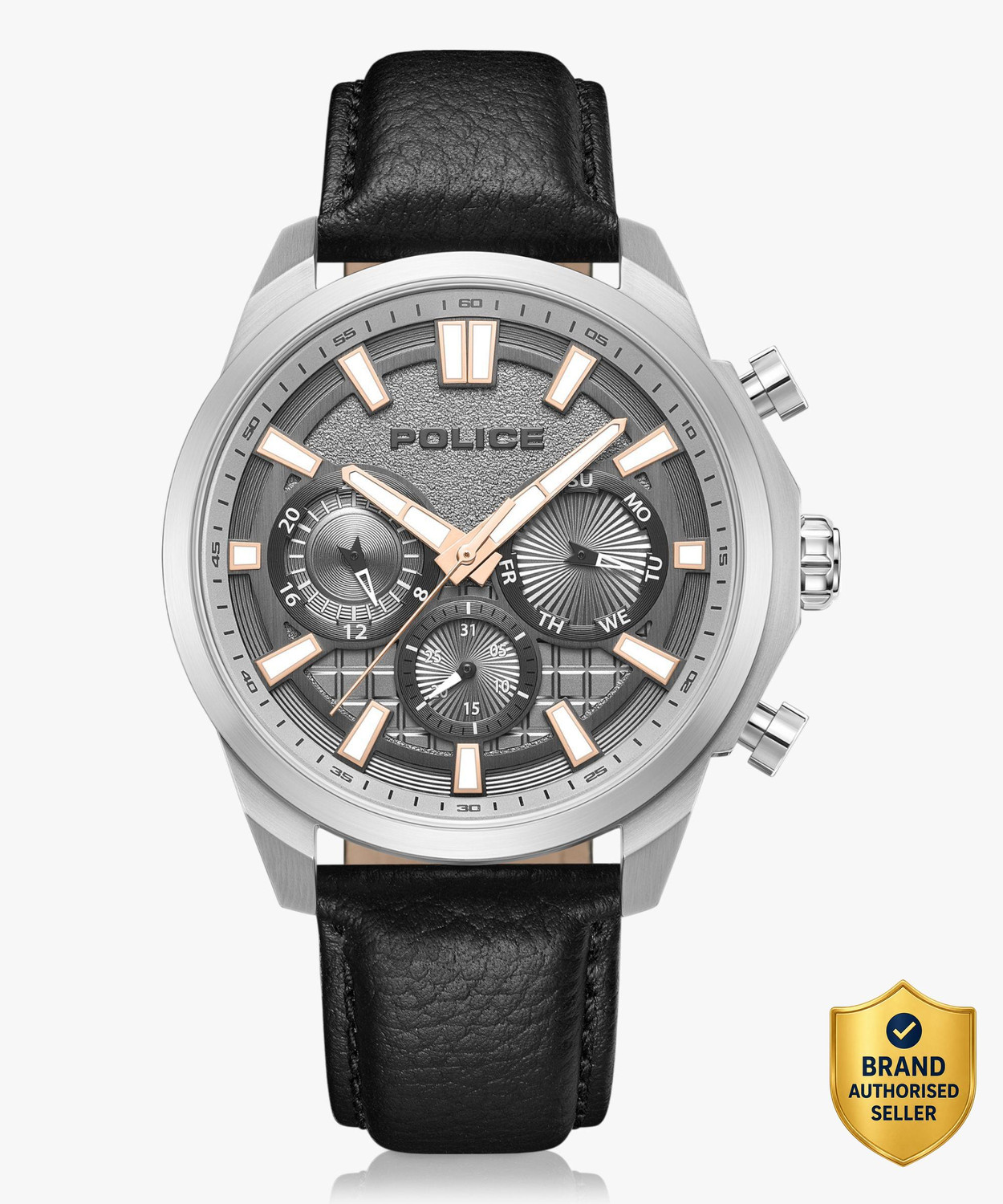 Image of Police Police Multifunction Grey Dial Black Leather Strap Analog Watch - For Men