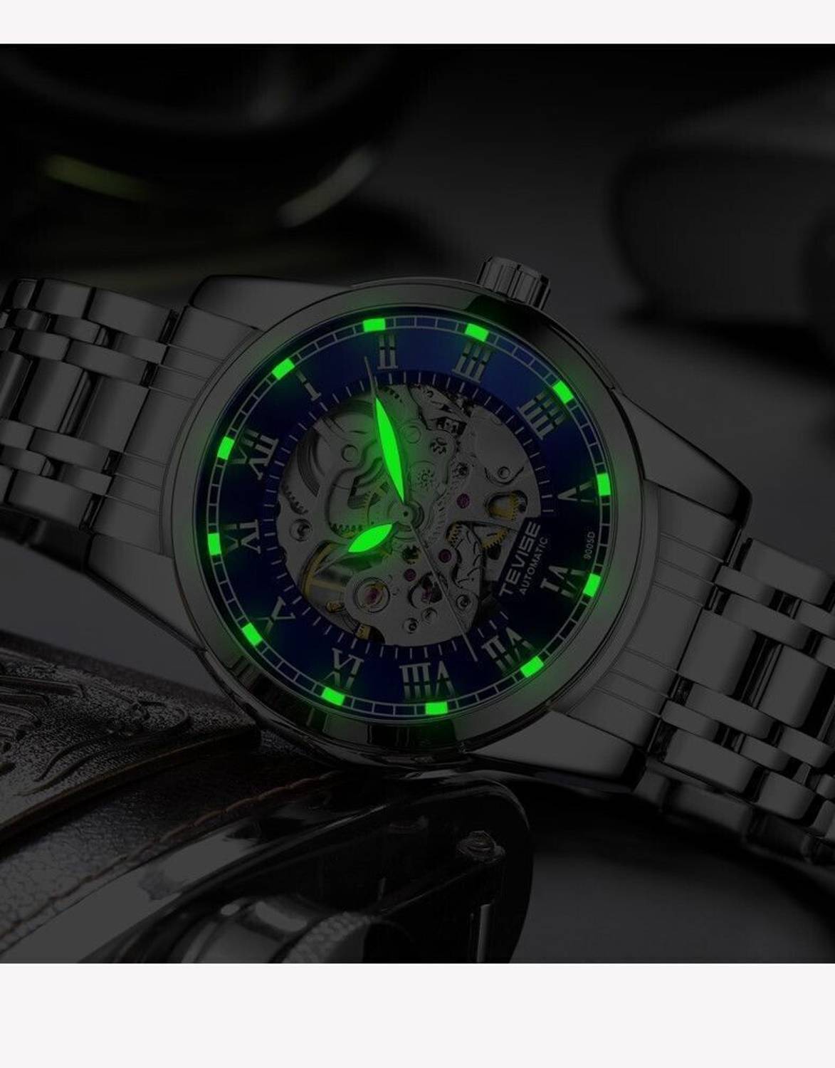 Tevise Mens Automatic Mechanical Skeleton Black Watch - Image 3