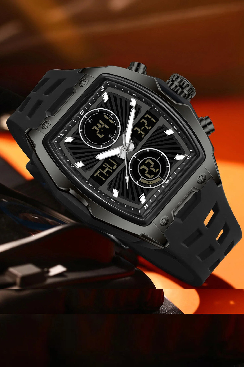 Image of LOIS CARON LCDA8031 Analog Digital Watch for Men | curved Barrel Shaped Multifunction Dual Display Analog-Digital Watch - For Men