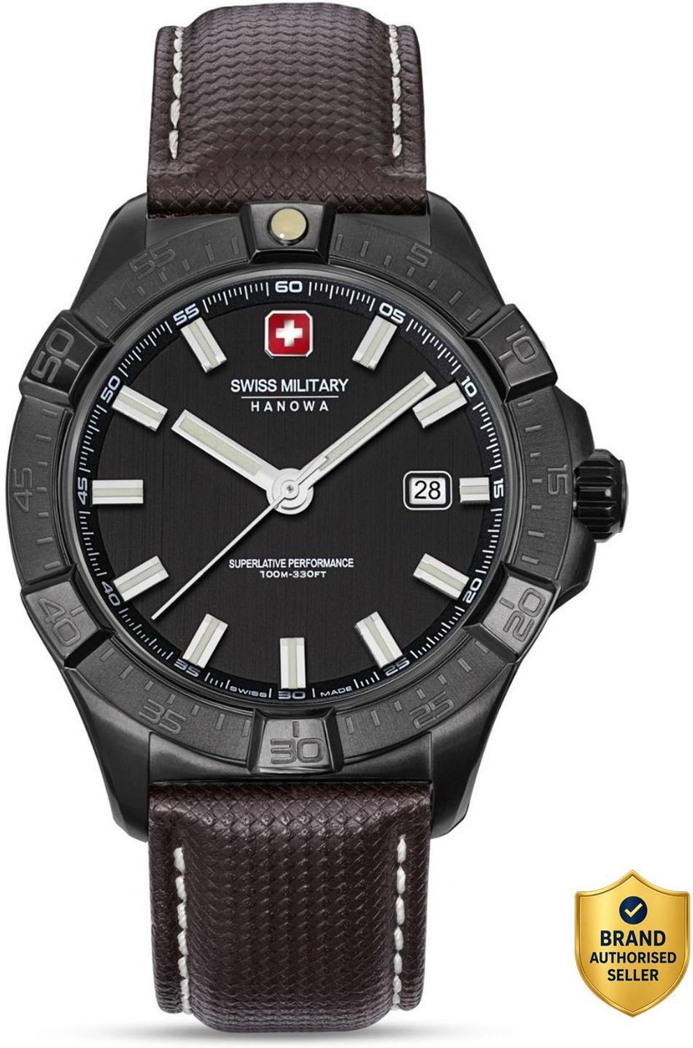 Image of Swiss Military Hanowa JOCKWORTH Jockworth Dated Black Dial | Swiss Made | Brown Leather Quartz Watch for Men Analog Watch - For Men